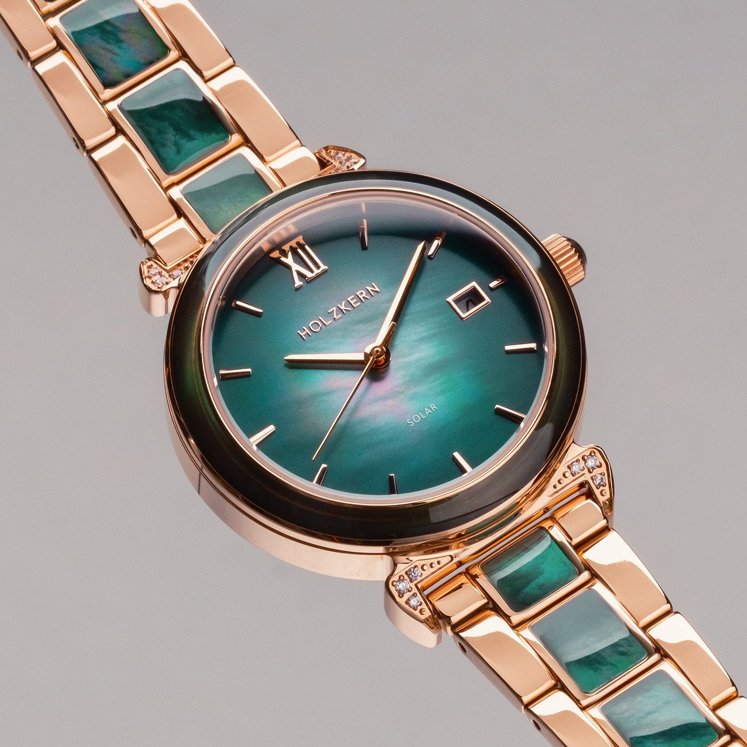 Holzkern Solaruhr Damen-Sunglister Grünes Perlmutt/Roségoldfarben