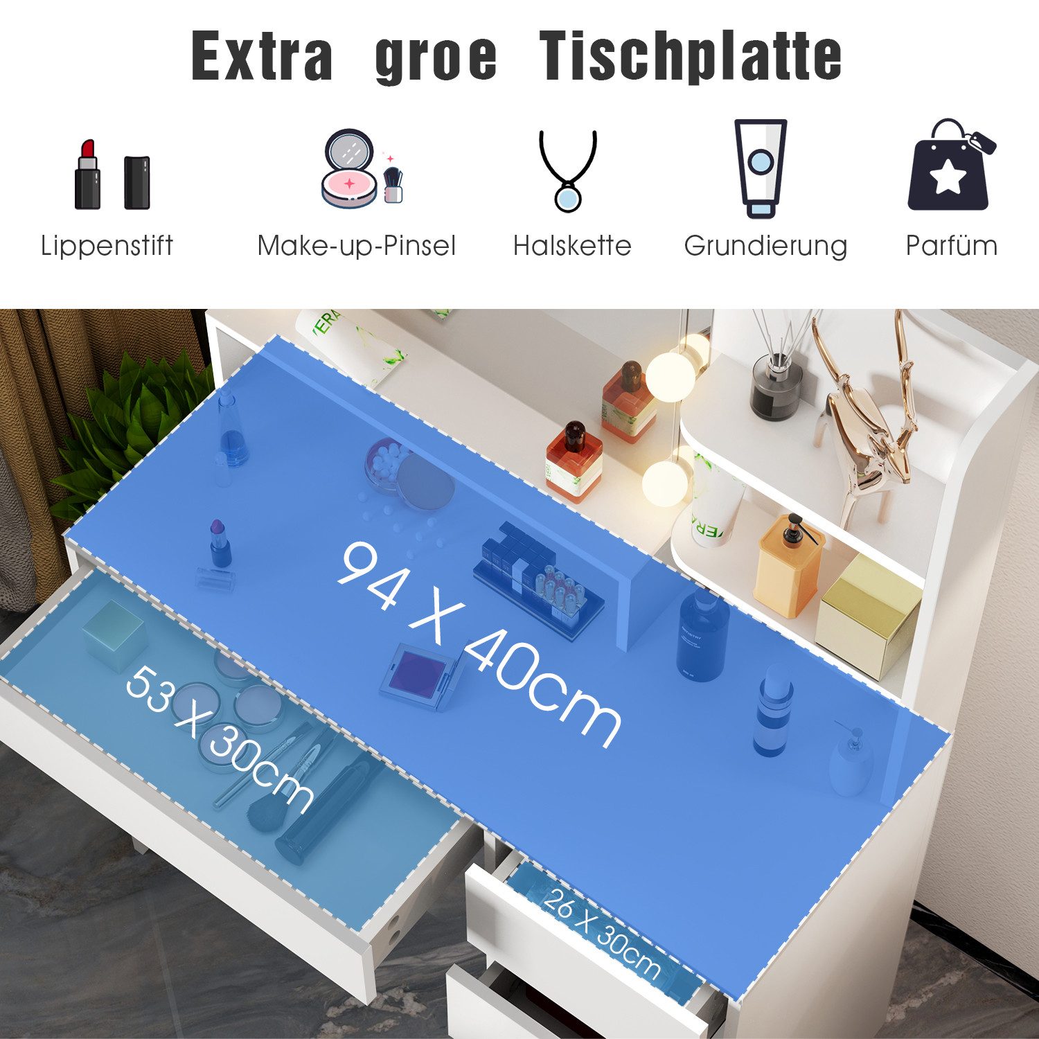 oyajia Schminktisch Schminktisch mit LED-Beleuchtung, Spiegel und Hocker, 94x40x140 cm (Frisiertisch Kosmetiktisch Hollywood, Set), für kleine bis mittelgroße Räume geeignet ist