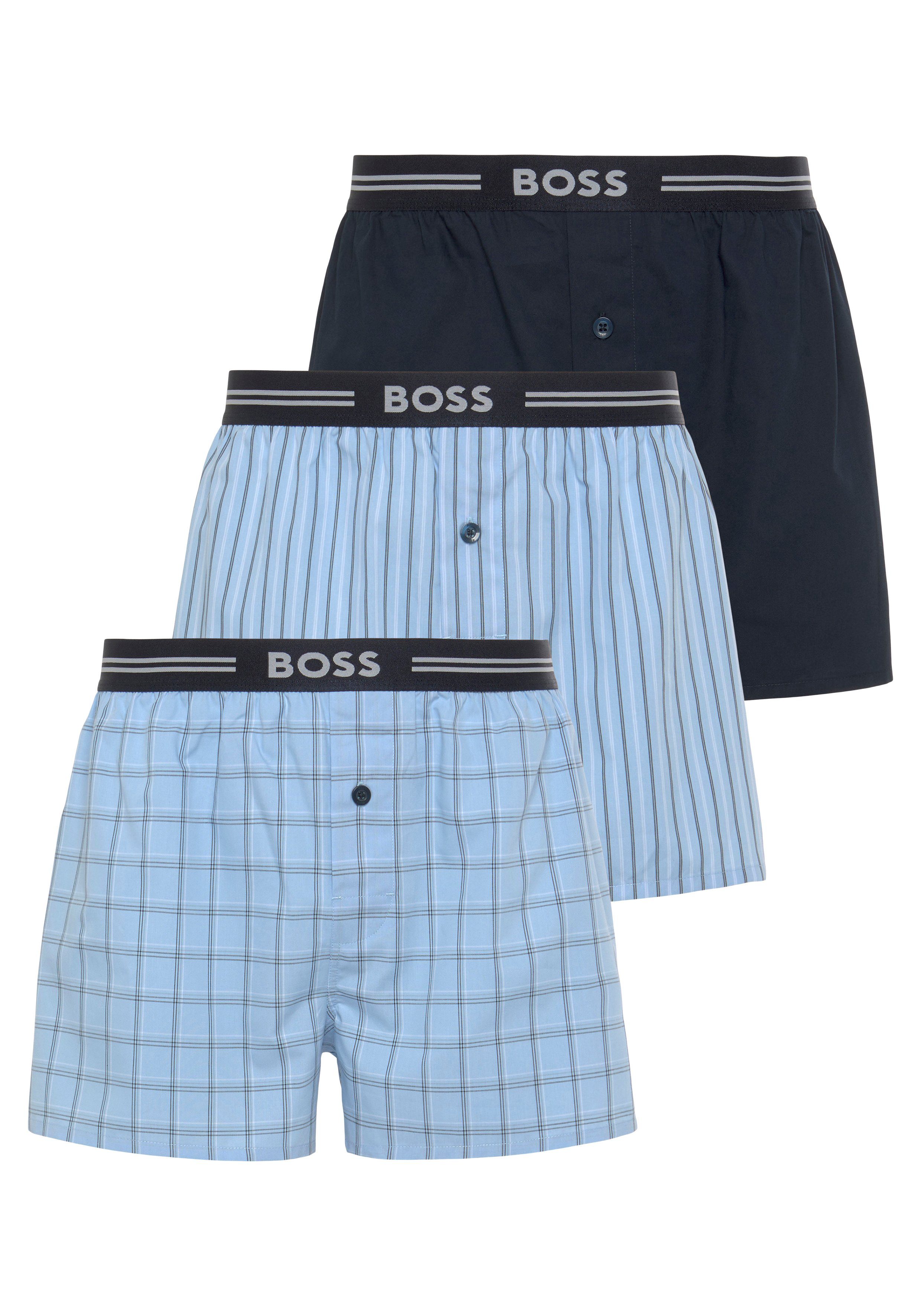 BOSS Boxershorts 3P Woven Boxer (Packung, 3-St., 3er Pack) mit Eingriff mit Knopf Open-Blue