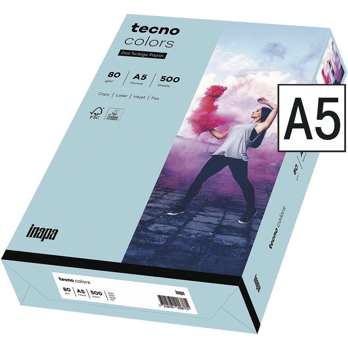 Inapa tecno Drucker- und Kopierpapier Rainbow, Pastellfarben, Format DIN A5, 80 g/m² mittelblau