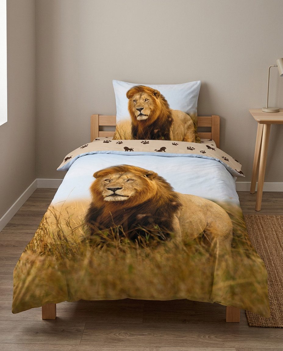 BrandMac Bettwäsche Löwe - Wende-Bettwäsche-Set, Raubkatze 135x200 & 80x80, Baumwolle, 100% Baumwolle