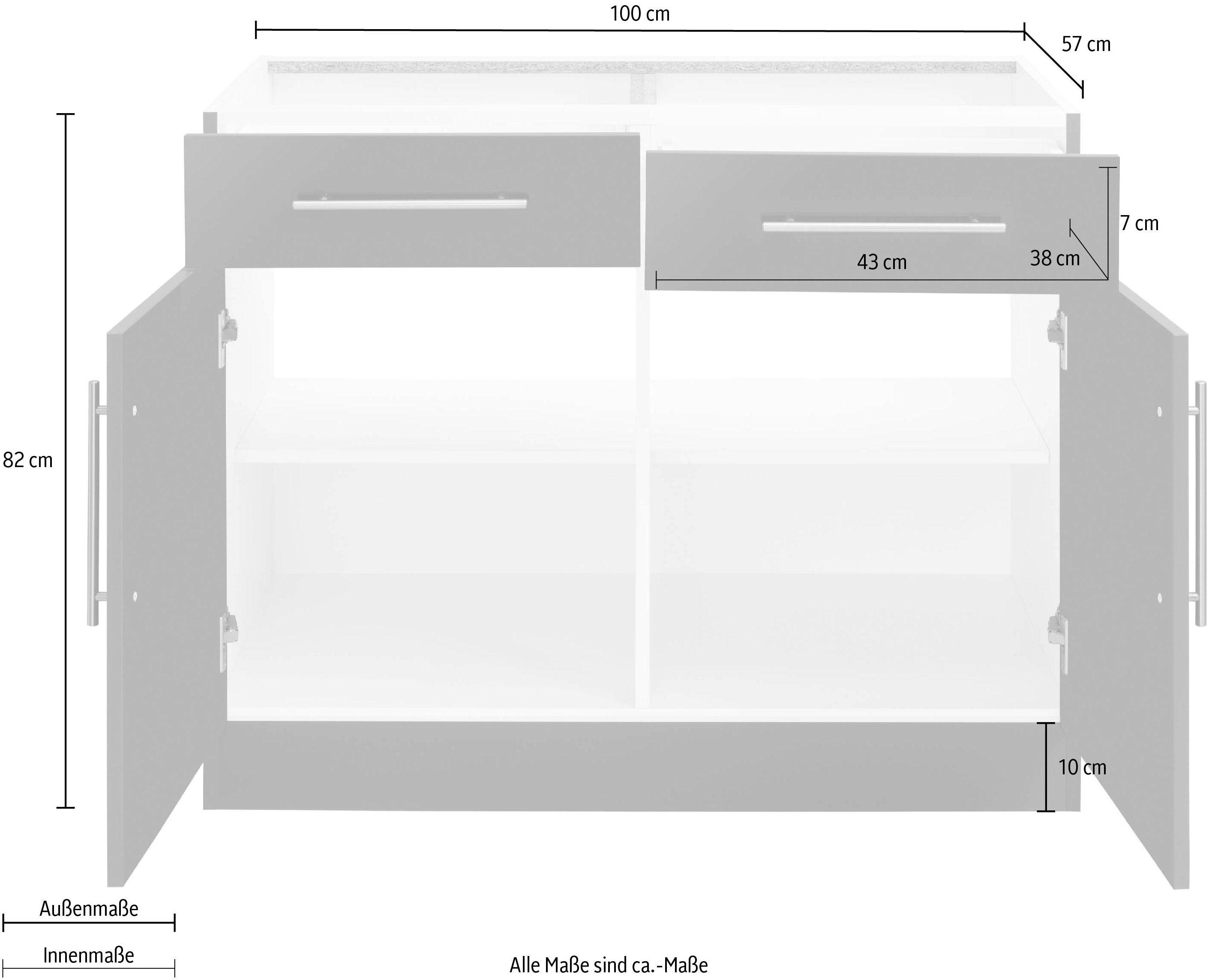 wiho Küchen Unterschrank Cali 100 cm Glanz, | Front: Korpus: Weiß weiß ohne Weiß breit, Arbeitsplatte