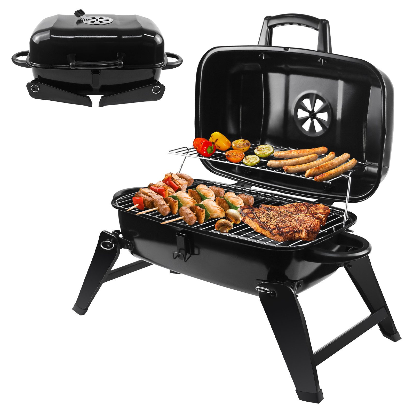 SunJas Holzkohlegrill K-4528BK mit Deckel Beide Grillflächen, Campinggrill Klappgrill Picknickgrill Tragbar Garten BBQ Grill