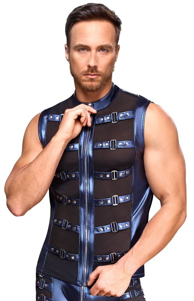 NEK Kurzarmshirt Glänzendes Shirt mit Reißverschluss - metallic blau (1-tlg) Metallic-Mattlook mit nietenbesetzten Riemen