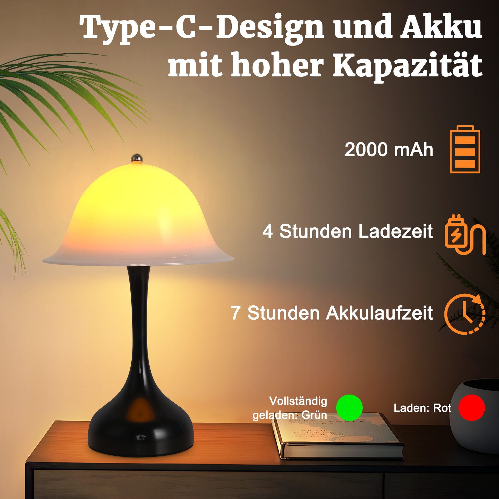 ZMH LED Tischleuchte Akku Tischlampe Aufladbar Touch Dimmbar Schlafzimmerlampe, USB-Ladefunktion, LED fest integriert, 2000K-6500k, Kabellose Nachttischleuchte  – Bild 5 von 5