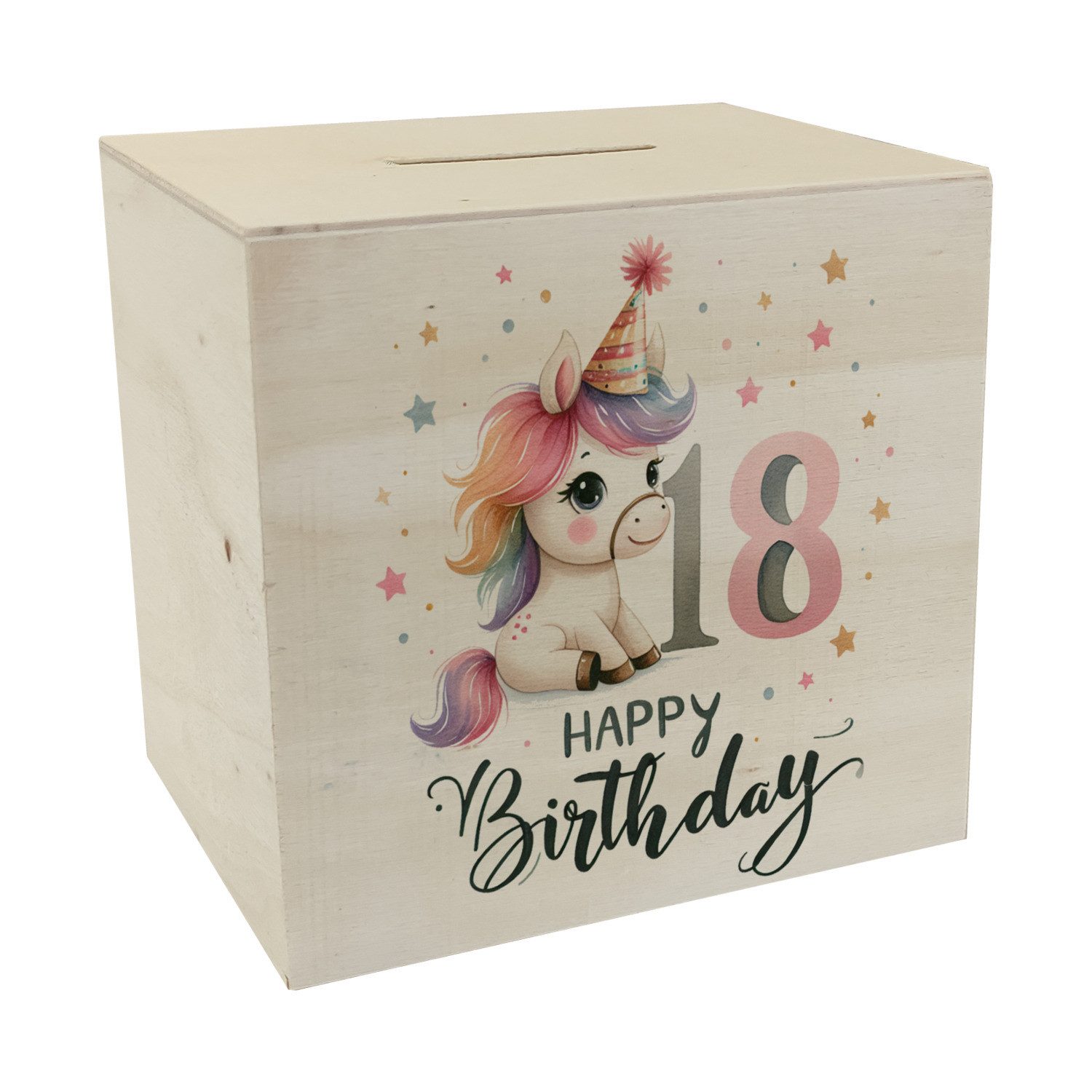 Spardose 18. Geburtstag mit niedlichem Pferd Spardose aus Holz Spruch Happy 18