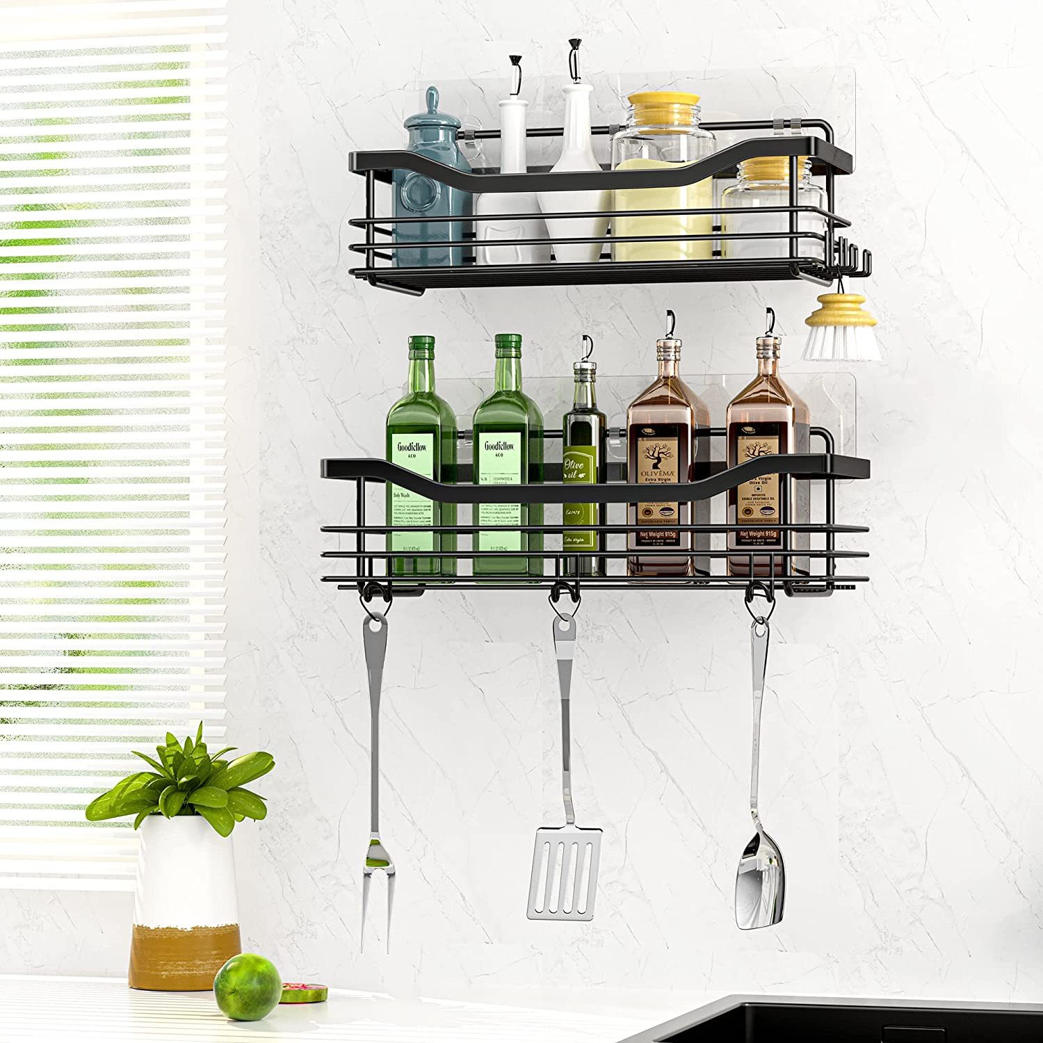 Refined Living Duschregal Duschablage ohne Bohren,Edelstahl Duschablage mit 5 Haken,2 Stück, Duschkörbe für Bad Küche Toilette,Duschregal,Badezimmer Regal Organ – Bild 4 von 5