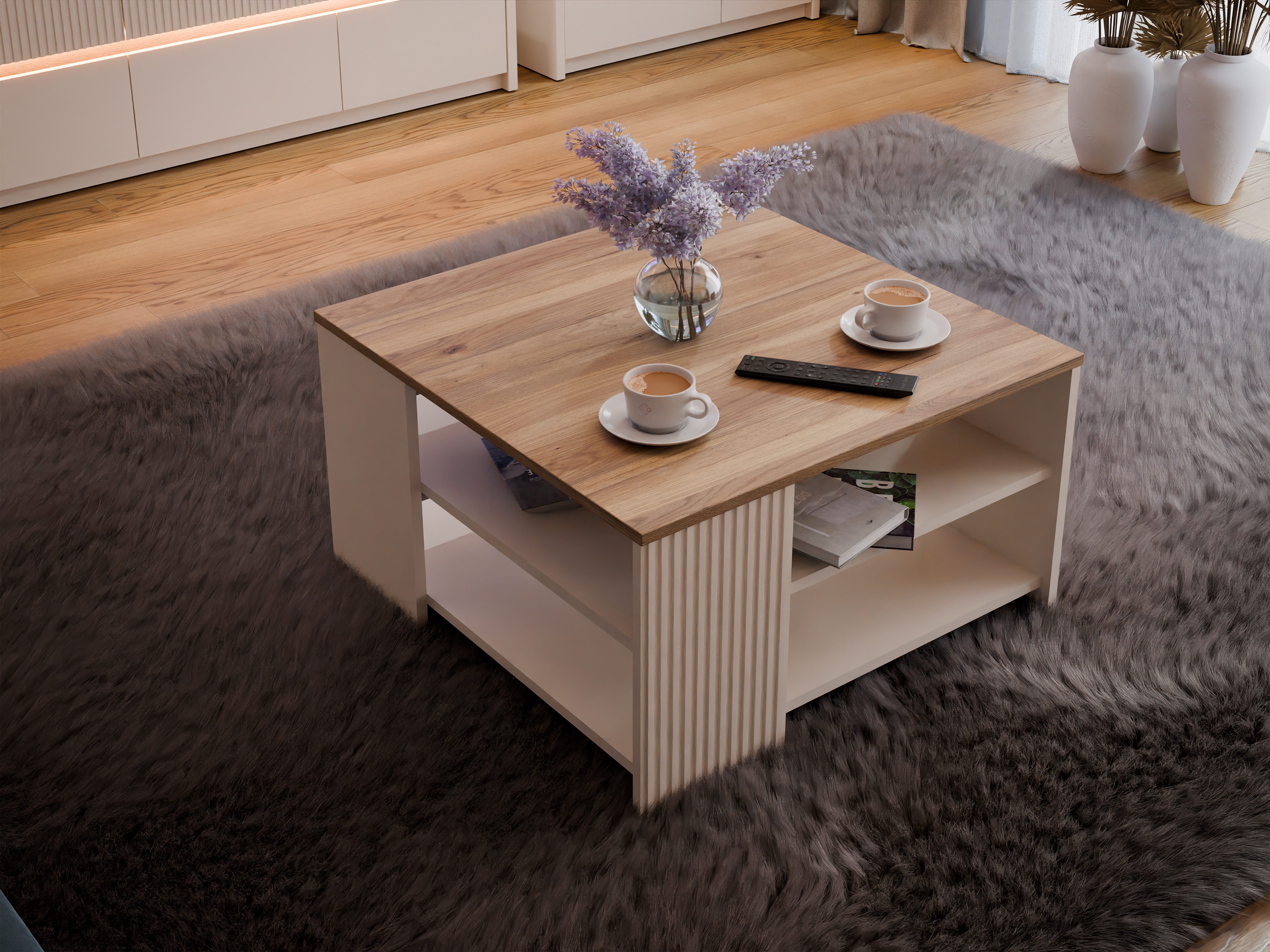 FORTE Couchtisch Oak Squere, Ablageboden, Lamellenoptik,2 farbiges Dekor, B/H/T 80/45/80cm Tischplatte Holzdekor