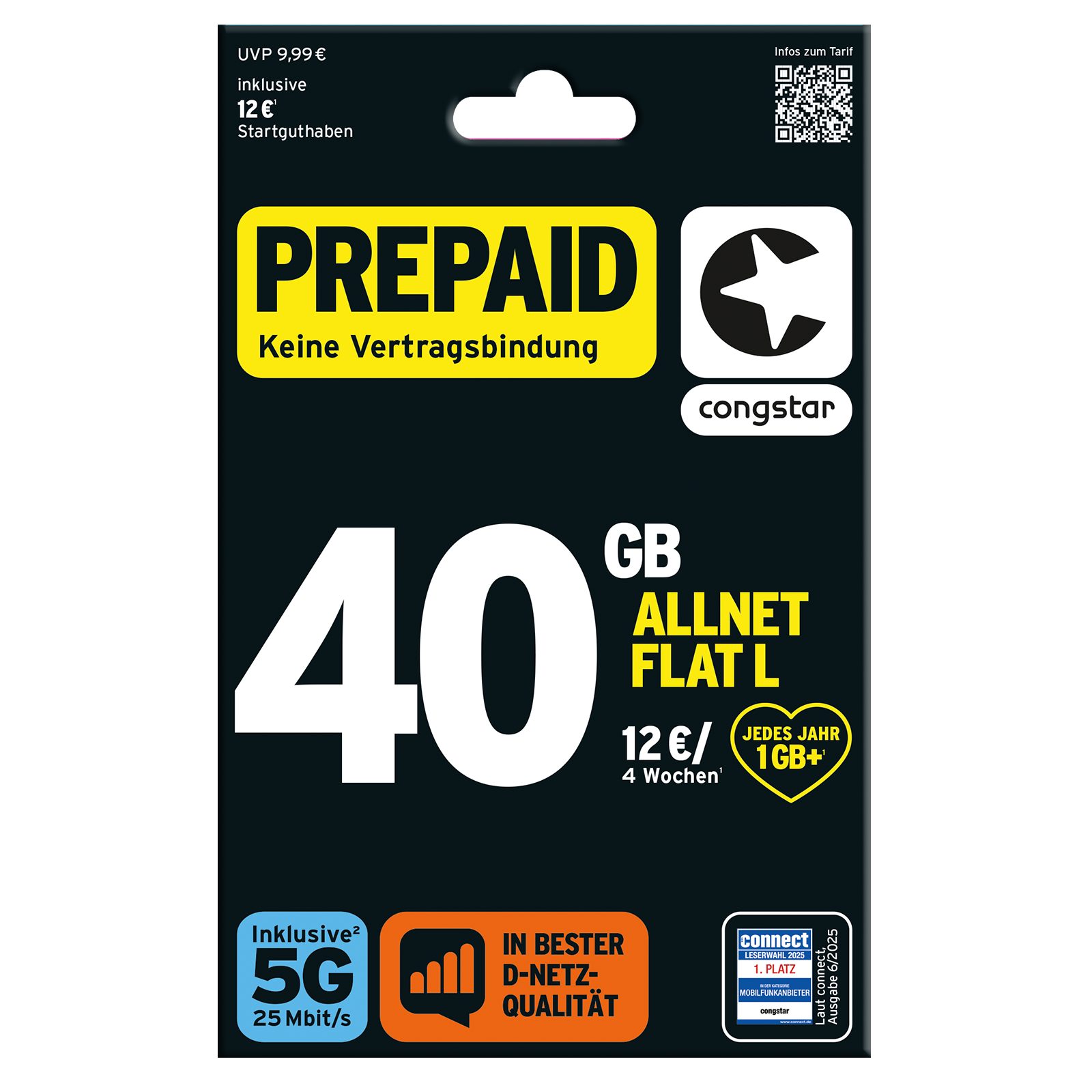Congstar Prepaid ALLNET L SIM-Karte ohne Vertrag, 5G mit 25 Mbit/s Prepaidkarte, (EU-Roaming inkl. CH, 24 € Startguthaben)