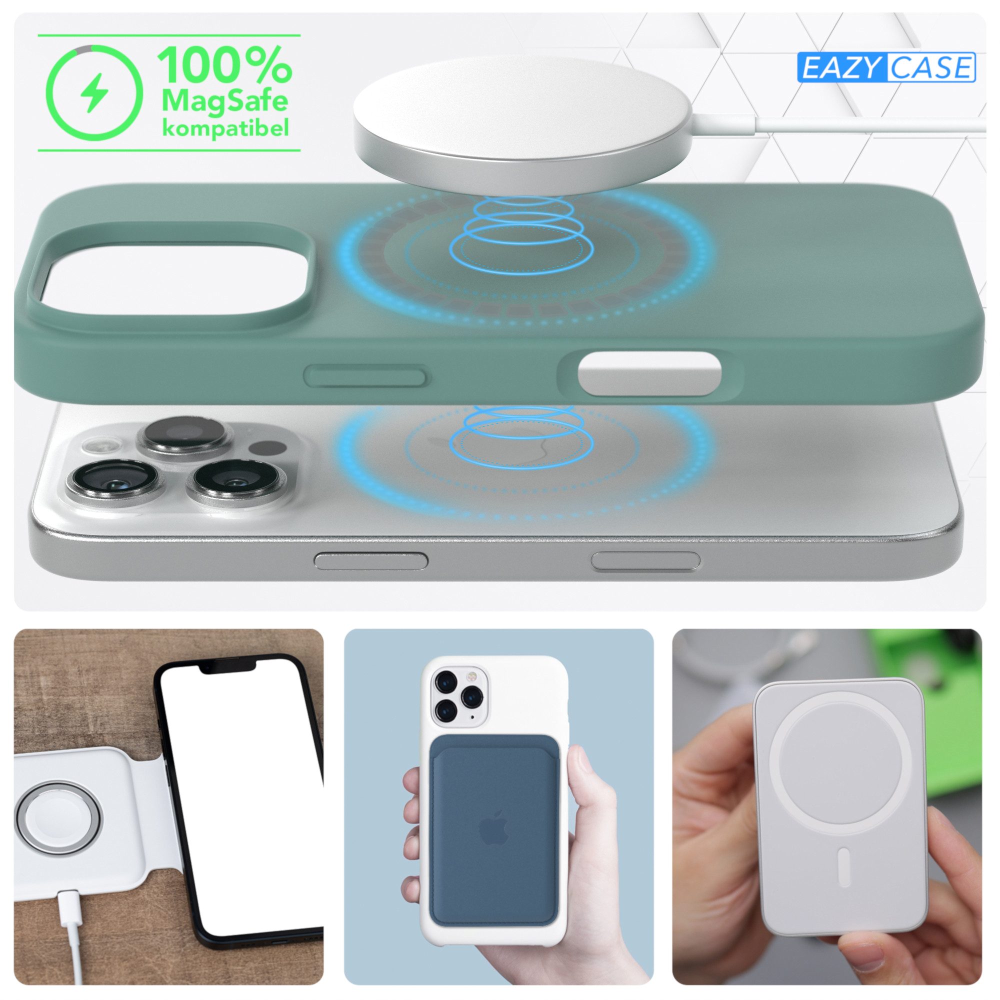 EAZY CASE Handyhülle Silikonhülle mit MagSafe für Apple iPhone 16 Pro 6,3 Zoll, Smart Slimcover Displayschutz Handycover Hülle mit MagSafe Dunkelgrün
