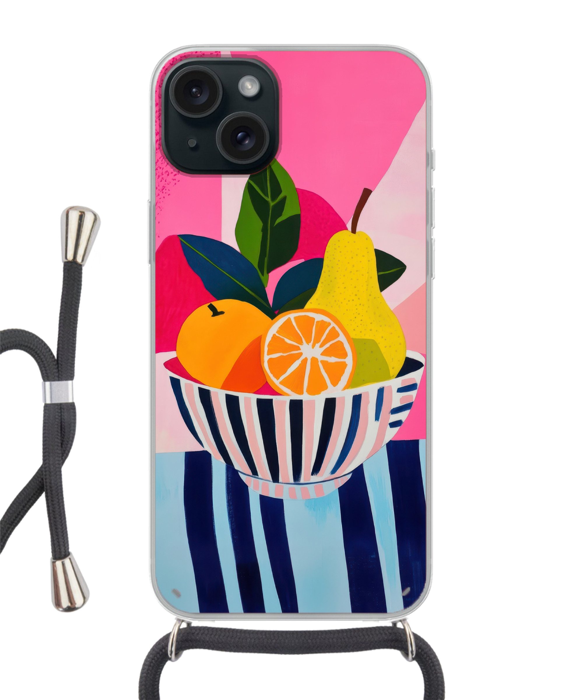 MuchoWow Handyhülle für Apple iPhone 15 Plus Obst - Abstrakter Hintergrund - Rosa, Tragbare Handyhüllen mit Kette zum umhängen, Handykette Handyband