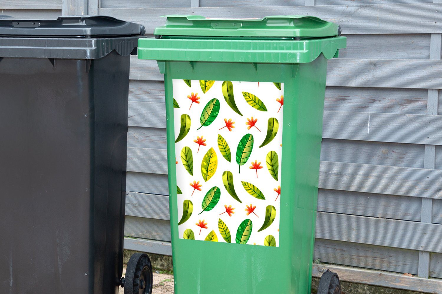 Wandsticker Mülltonne, - (1 Design MuchoWow Sticker, Mülleimer-aufkleber, St), Abfalbehälter - Container, Blätter Dschungel