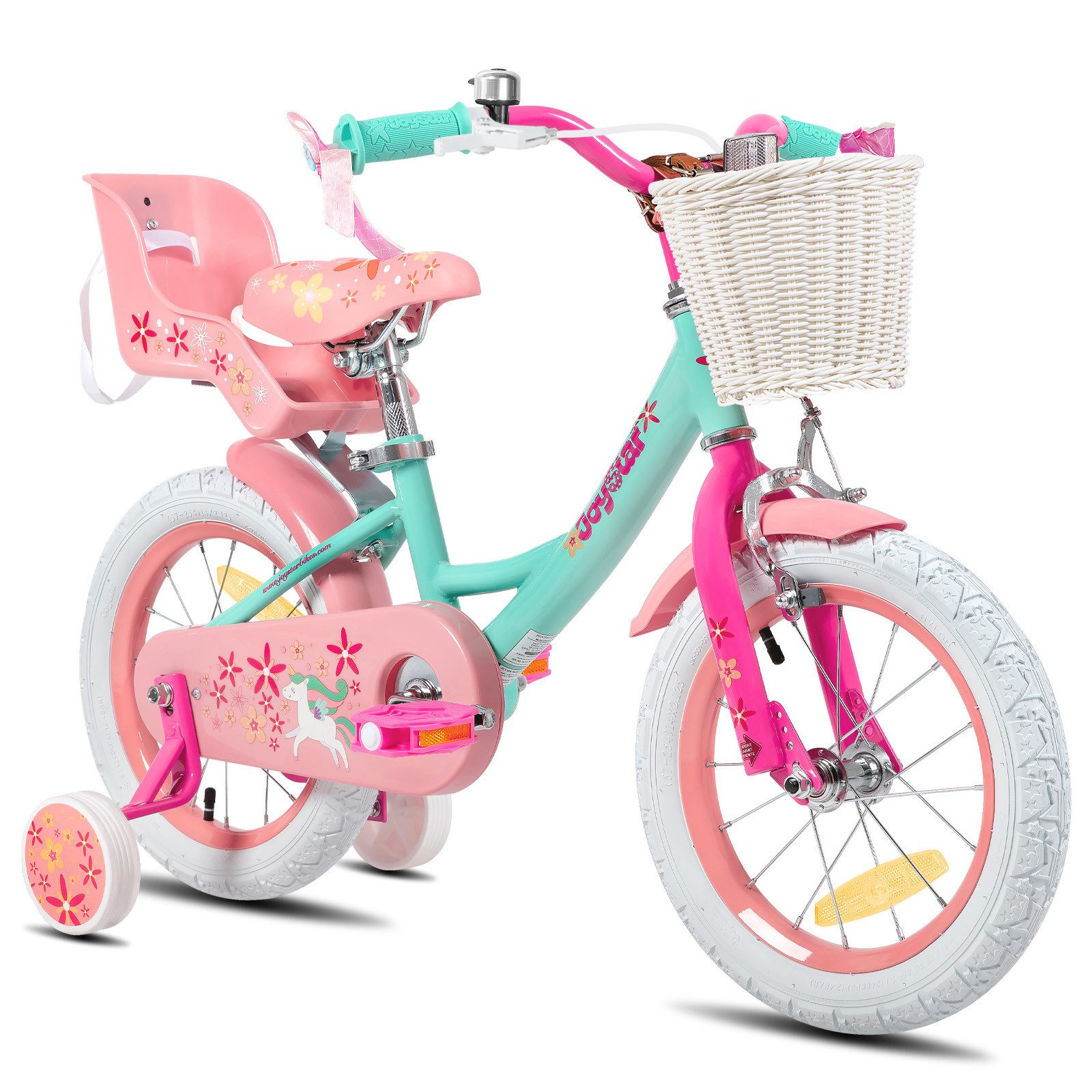 JOYSTAR Kinderfahrrad 12 14 16 18 Zoll Mädchenfahrrad, 3 - 9 Jahre, Geschenk für Prinzessin, 1 Gang, Puppenradsitz & Stützrädern& Korbstreamer, 18 Zoll mit Stützrädern