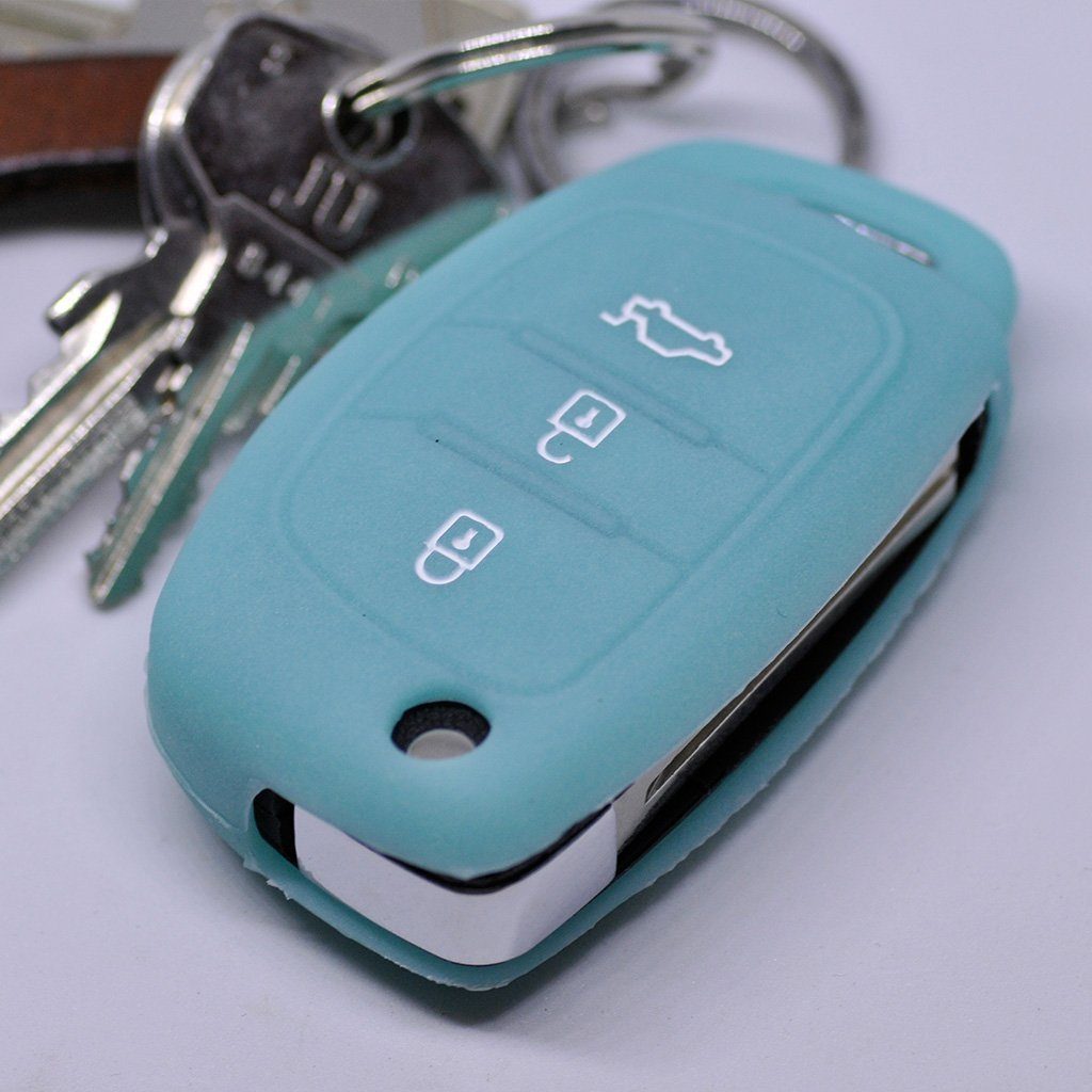 mt-key Schlüsseltasche Autoschlüssel Softcase Silikon Schutzhülle fluoreszierend Blau, für Hyundai i10 i20 i40 ix25 ix35 Tucson Accent Ioniq Sonata Santa Fe