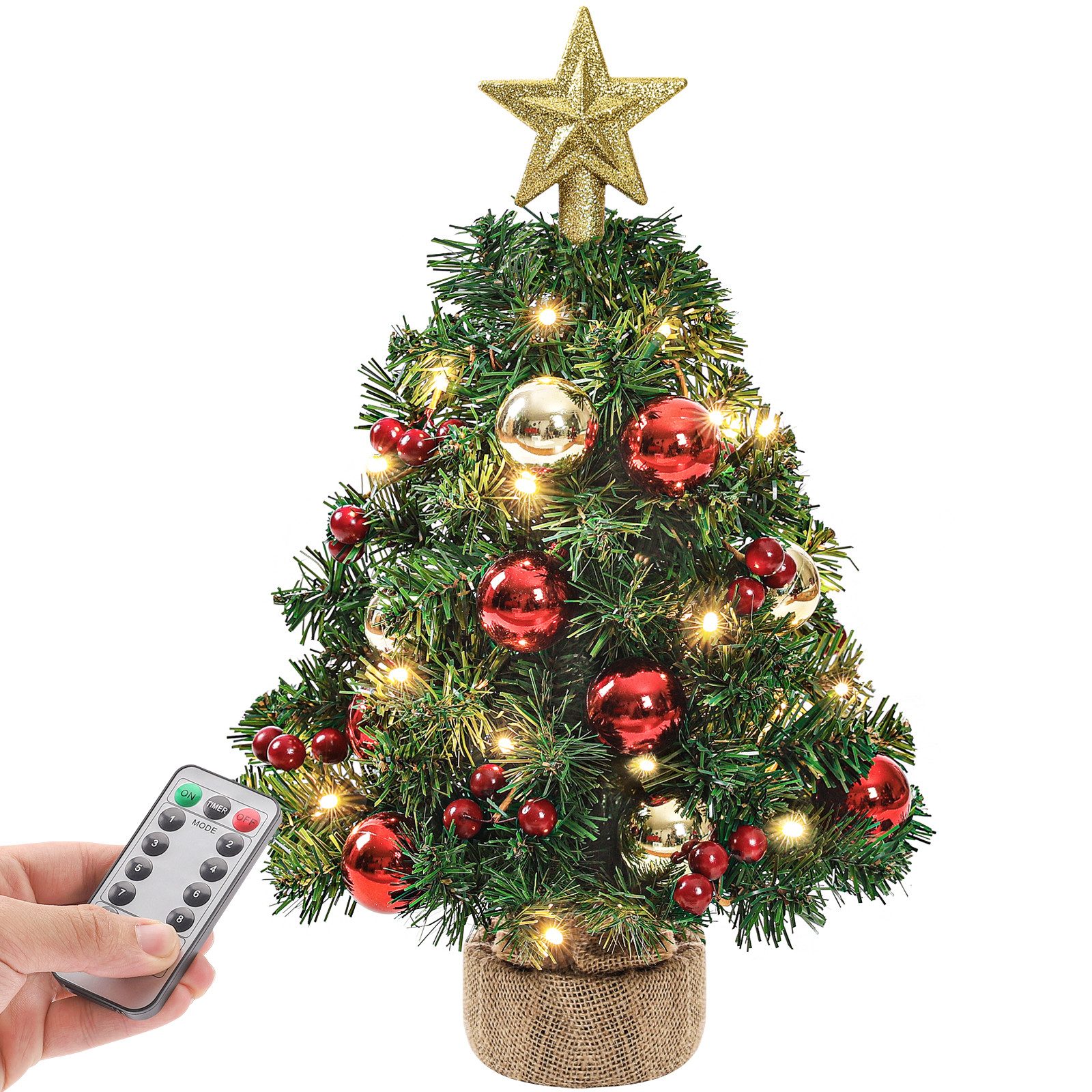 Yorbay Künstlicher Weihnachtsbaum Mini Weihnachtsbaum mit warmweiß LEDs, 8 Licht Modi, Batterie betrieben, für Weihnachten, Advent, künstlich, Geschmückt