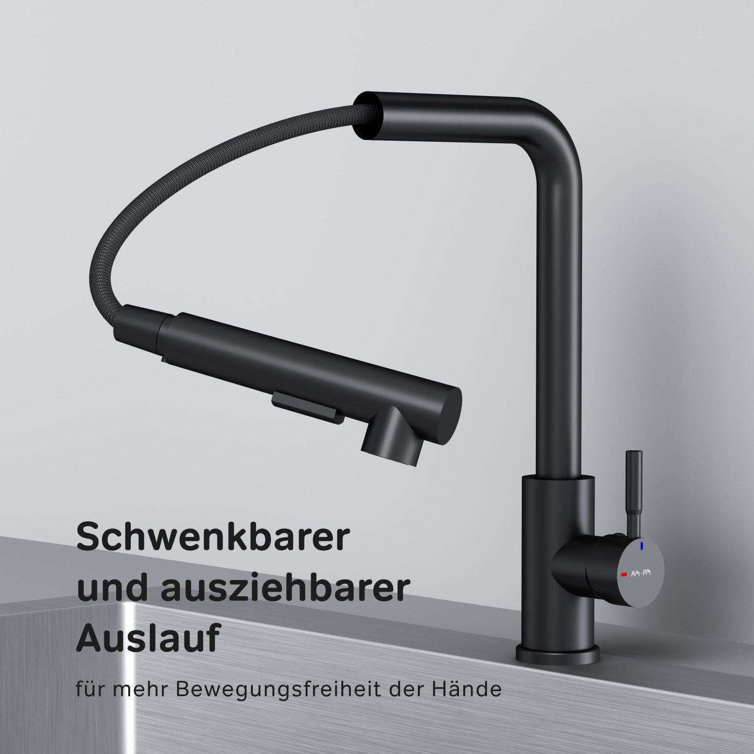 AM.PM Küchenarmatur X-JOY-S Wasserhahn drehbar Küche Spültischarmatur mit Ausziehbrause (Einhebelmischer Misch-Armatur Mischarmatur, Mischbatterie mit Brause, L-Auslauf, schwarz) ausziehbarer, flexibler und schwenkbarer Auslauf