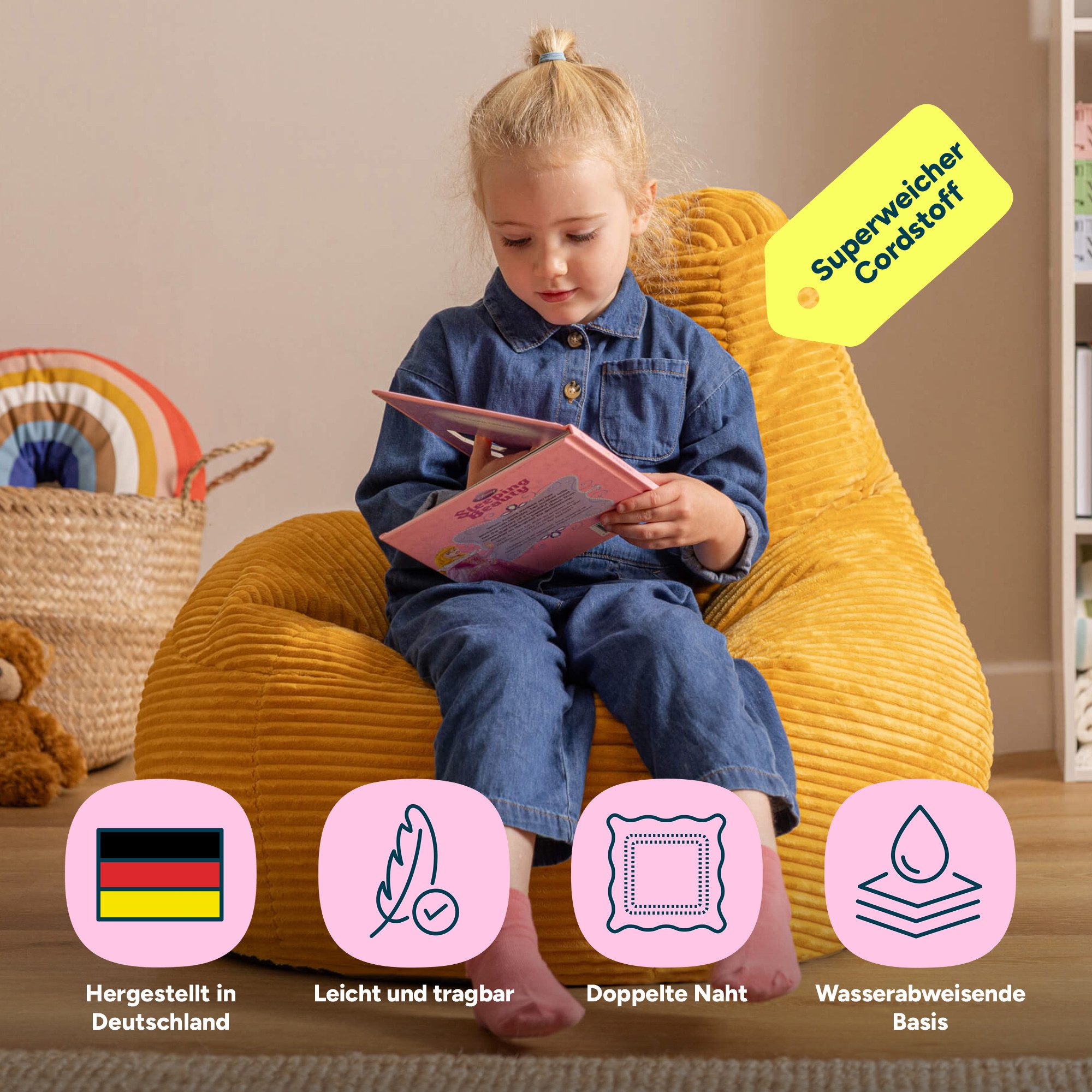 icon Sitzsack Kinder Sessel aus Cord Flauschig „Dalton", 69x59x65cm, Made in Germany, für Kinderzimmer, mit Füllung