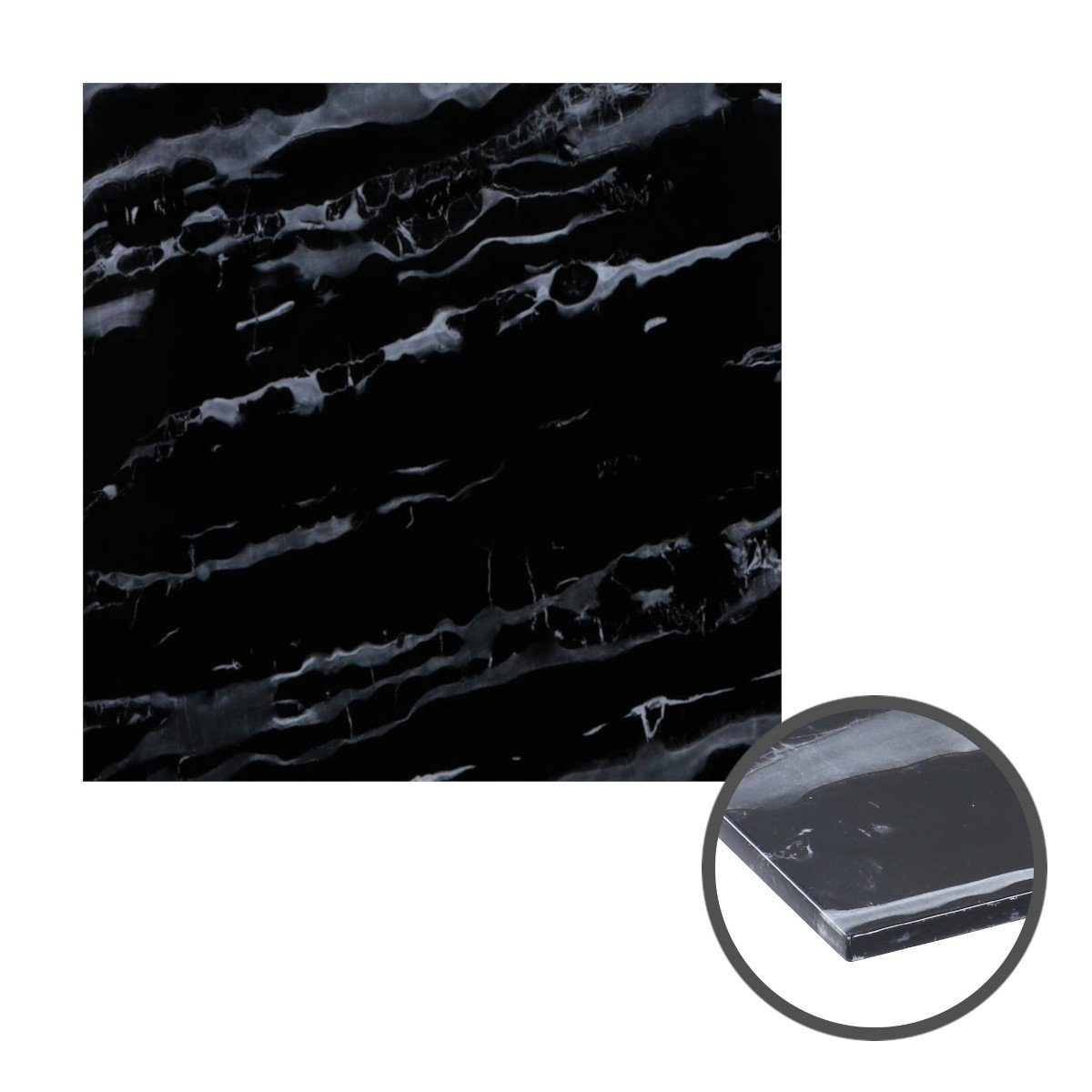 HOOZ Tischplatte Glasplatte 80x80x0,6 cm mit Facettenschliff - Marmoroptik schwarz, quadratisch