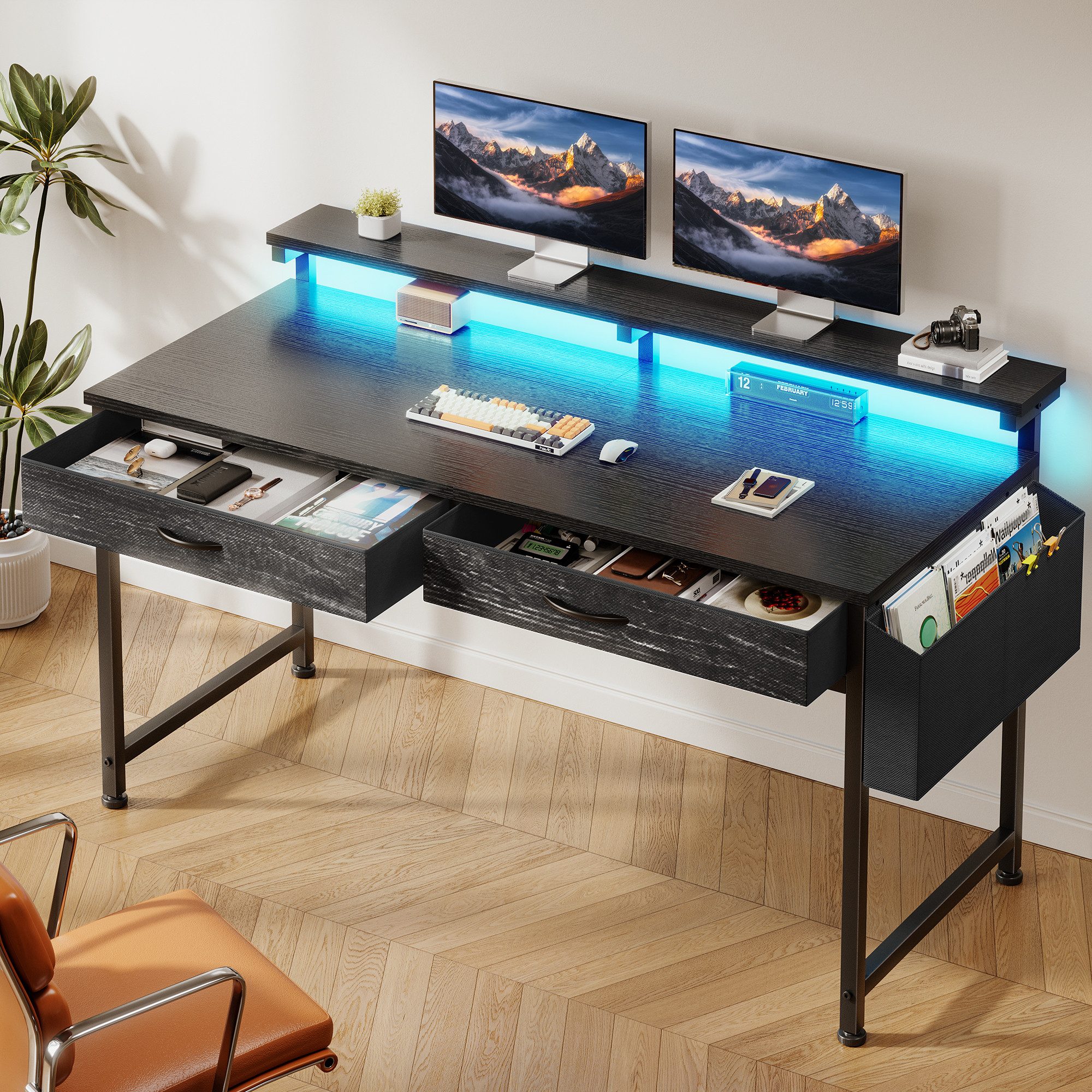 Klyvvo Schreibtisch mit 3 Schubladen, Gaming Schreibtisch mit LED Bieten Stauraum (1-St., Monitorständer & Seitenfach, Gaming Tisch RGB mit Fernbedienung), Kompakte Maße Passen Gut in Studierende, Home-Office-Arbeiter