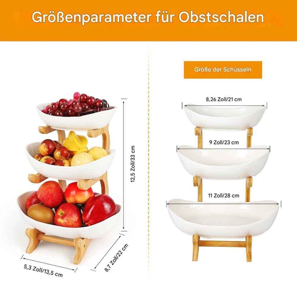 SURFOU Obstschale Obstkorb Etagere 3 Etagen aus Holz – Keramikteller für Obst und Snacks, Keramik, Bambusholz, (Weiß Keramik Etagere 3 Etagen, Obst Etagere 3 Stöckig, mit Natürlichem Bambus Ständer Servierteller für Gemüse, Obst, Snacks, 1-tlg), Spülmaschinenfest, Dekoschale für Küche und Arbeitsplatte