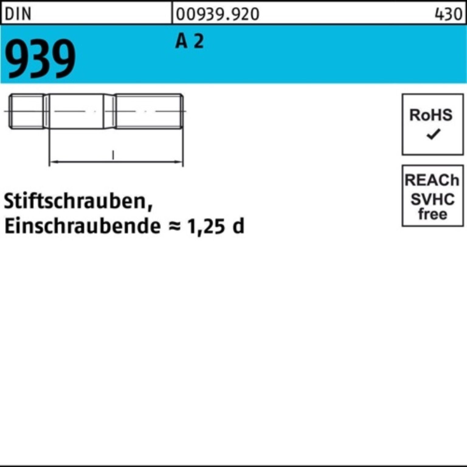 Stiftschraube 100er Pack Stiftschraube M 8 x 30 DIN 939 A 2