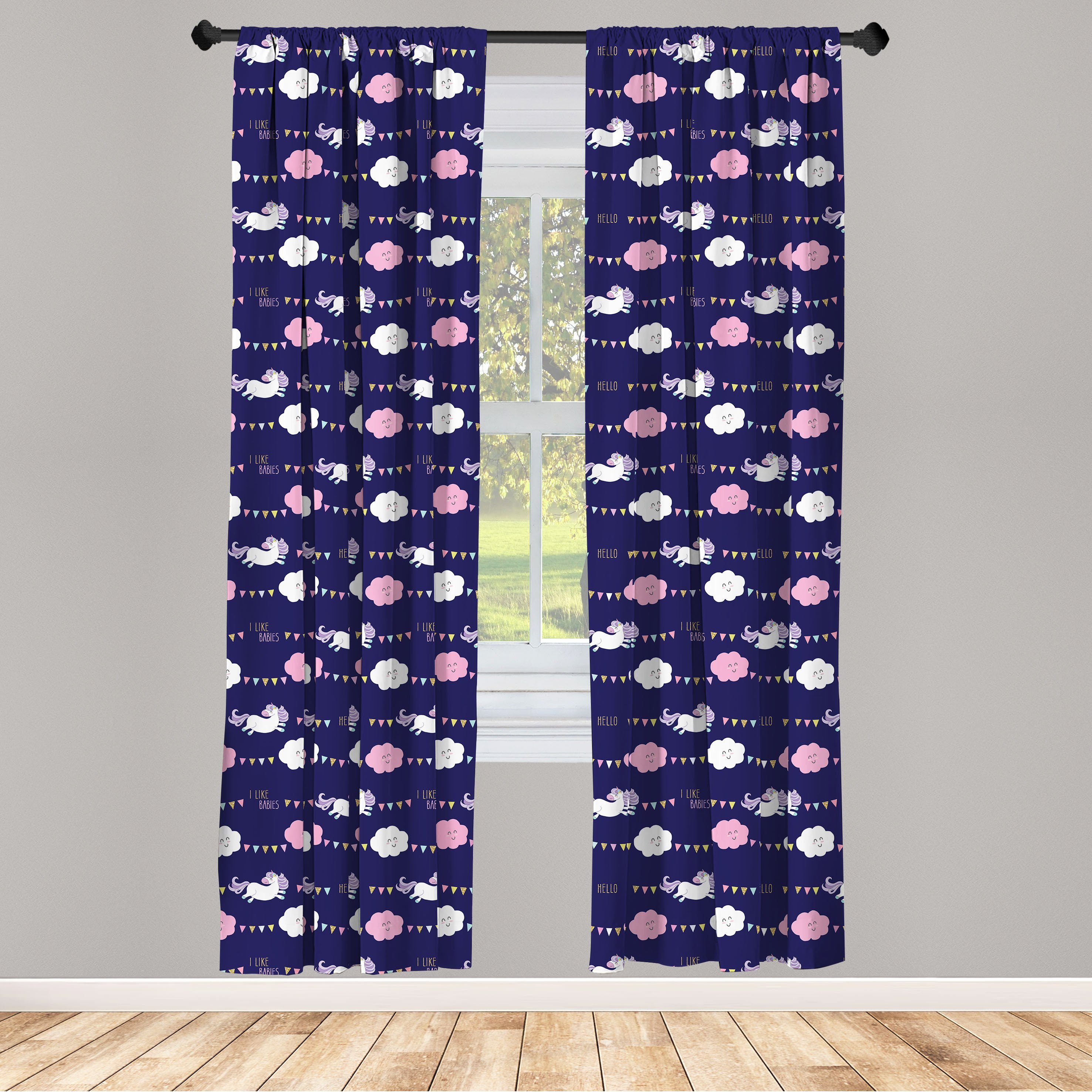 Gardine Vorhang für Wohnzimmer Schlafzimmer Dekor, Abakuhaus, Microfaser, Karikatur Unicorn-Party Flags Wolken