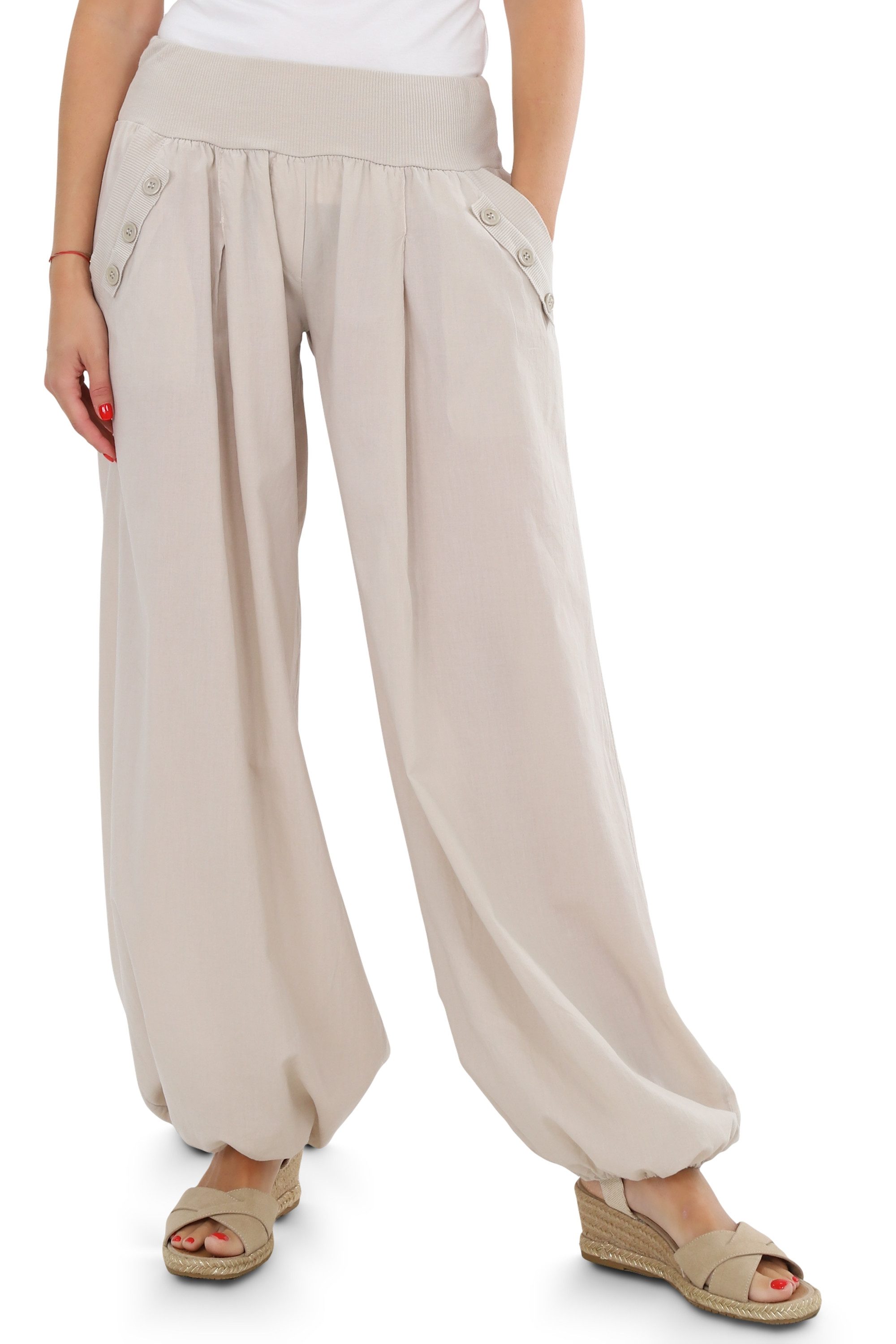 malito more than fashion Haremshose malito Damen Pumphose mit Zierknöpfen 23245P Sommer Aladinhose Freizeithose locker & lässig Einheitsgröße