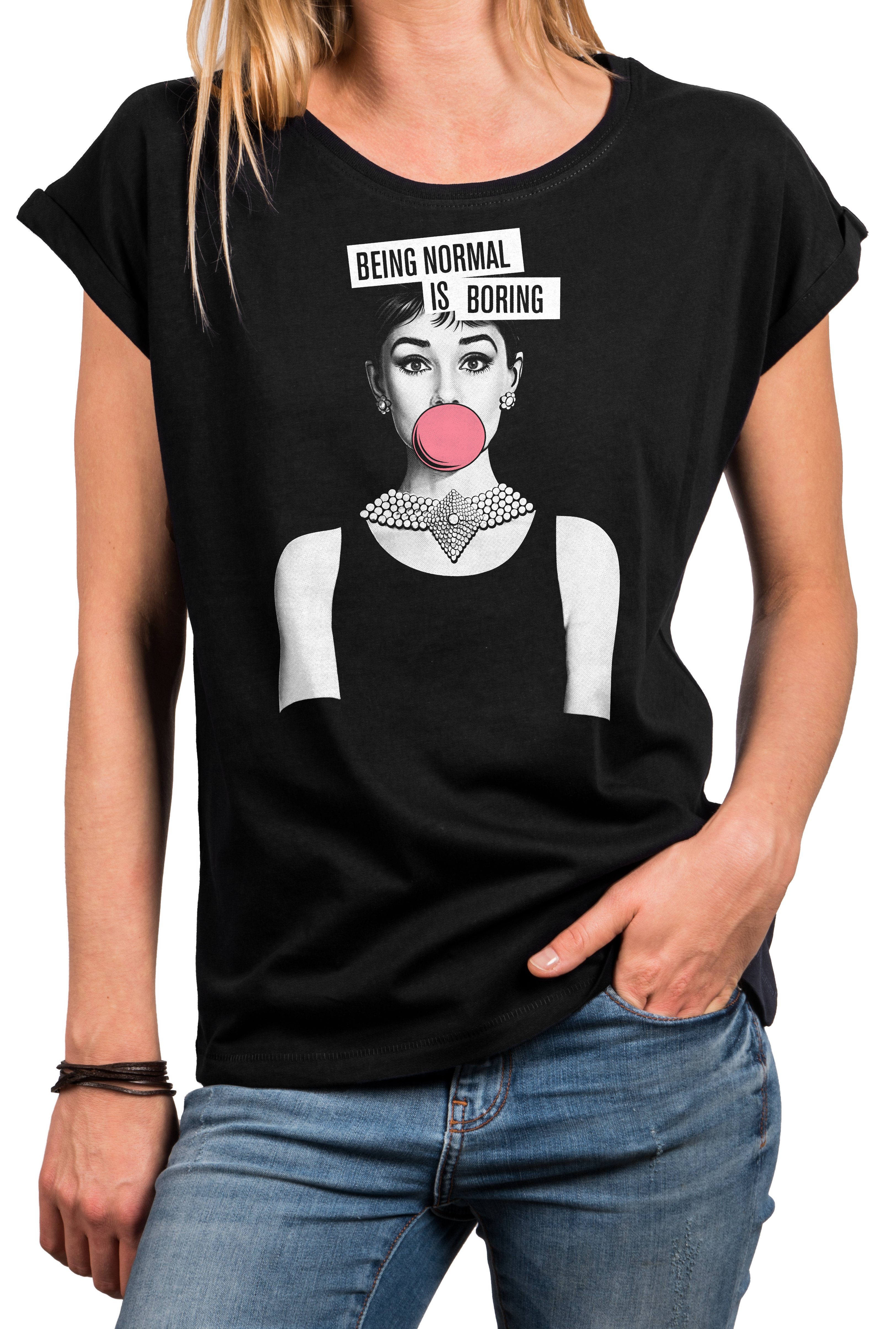 MAKAYA T-Shirt mit modischem Frontdruck Basic Sommer Top für Damen Casual Rundhals (Sprüche, Statement, Schwarz, Blau, Grau) Baumwolle, große Größen | T-Shirts
