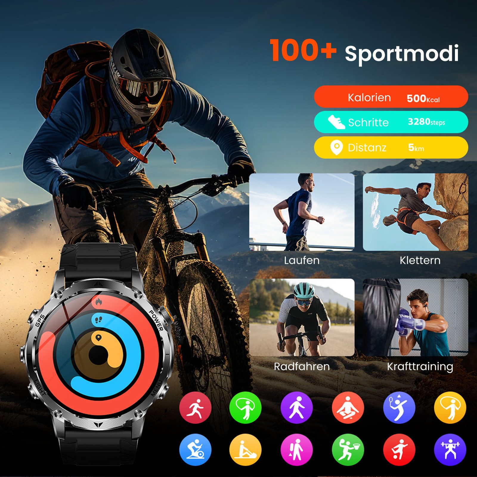 SWGOTA 1500mAh Smartwatch Herren mit GPS integriert,24/7 Pulsuhr,SpO₂,Militär Smartwatch 1,8"AMOLED Fitness Tracker mit Schlafmonitor,100+Sportmodi,Kompass, Bar – Bild 5 von 5