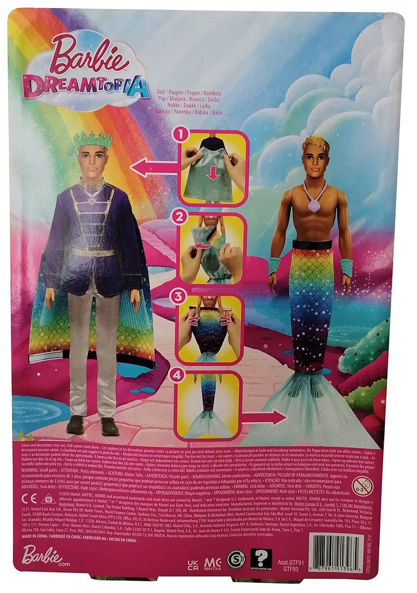 einem 1 (Packung, Meerjungfrauenpuppe inkl. Verwandalbar Ken Barbie einen verwandelbar Krone, Mattel Manschetten in Halskette), 1 5-tlg., Prinzen Puppenzubehör: Puppe von Dreamtopia 2 GTF93 Meermann