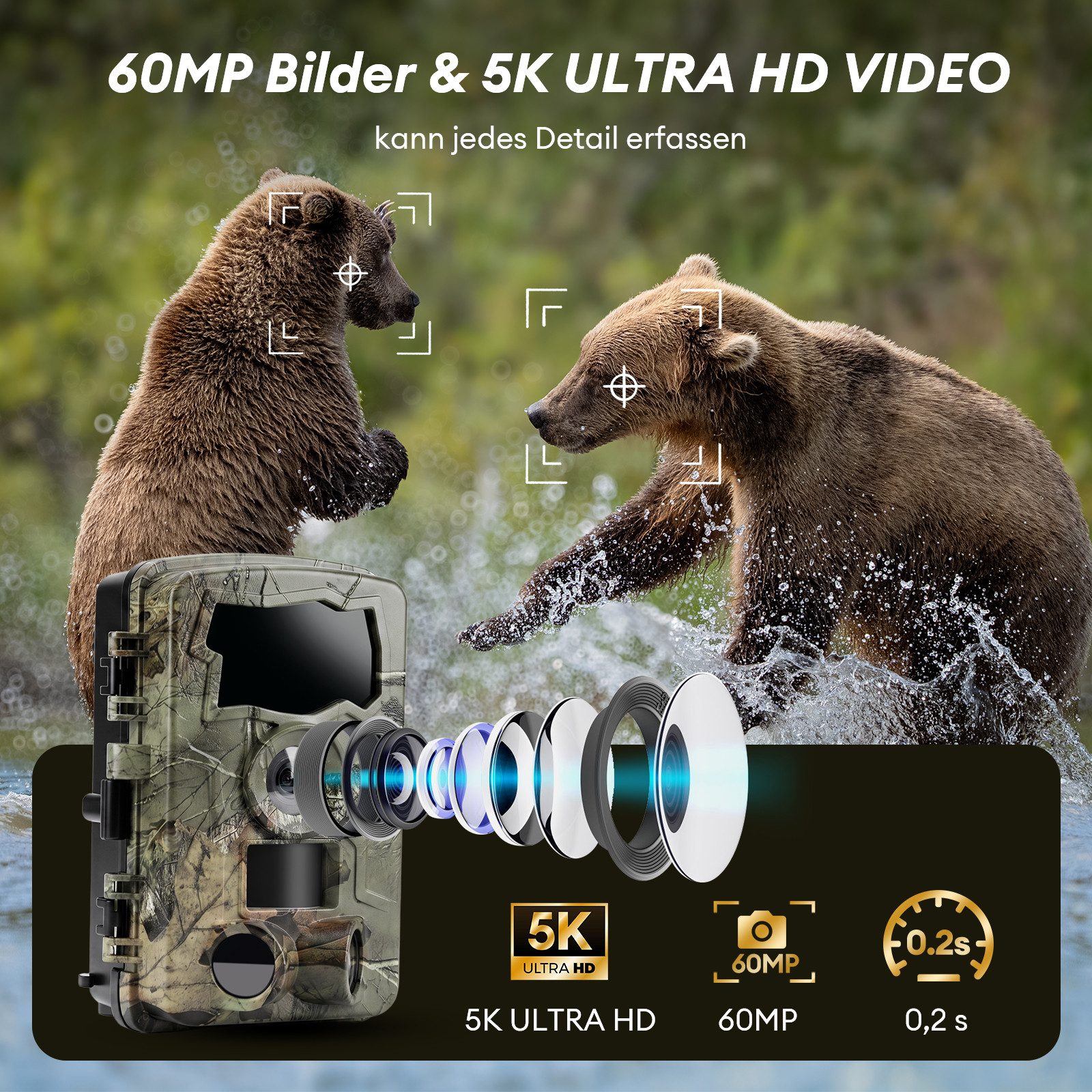 CkeyiN Wildkamera 5K Video 64MP Foto WLAN mit Handyübertragung APP 0,1s Auslösezeit (Außenbereich, Infrarot Wildkamera mit 32G Speicherkarte Bewegungssensor IP66)