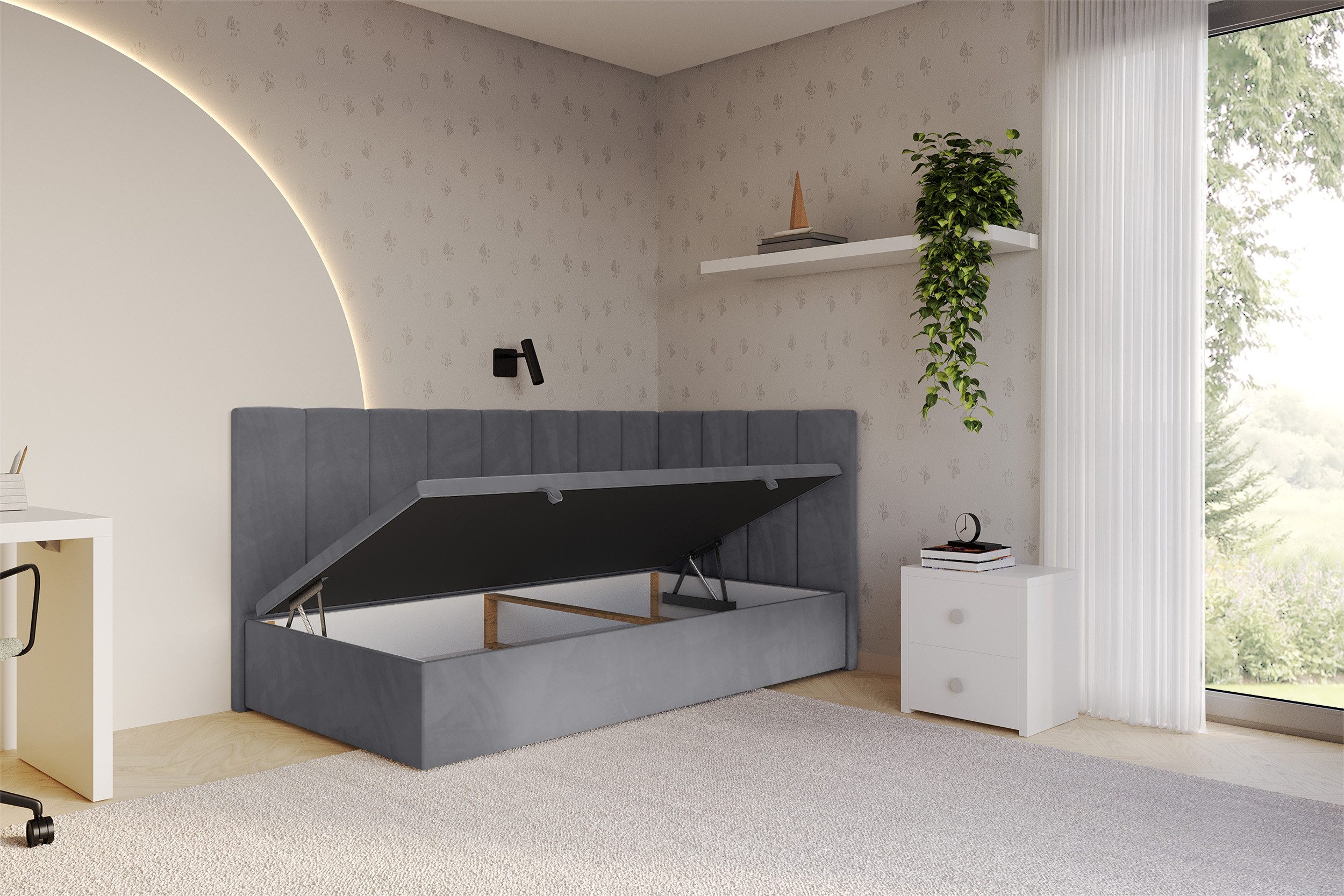 ALTDECOR Jugendbett LOVY (Jugendbett mit Bettkasten und Lattenrost, Polsterbett ohne Matratze), Eizelbett mit Stauraum, Bett mit Kopfteil
