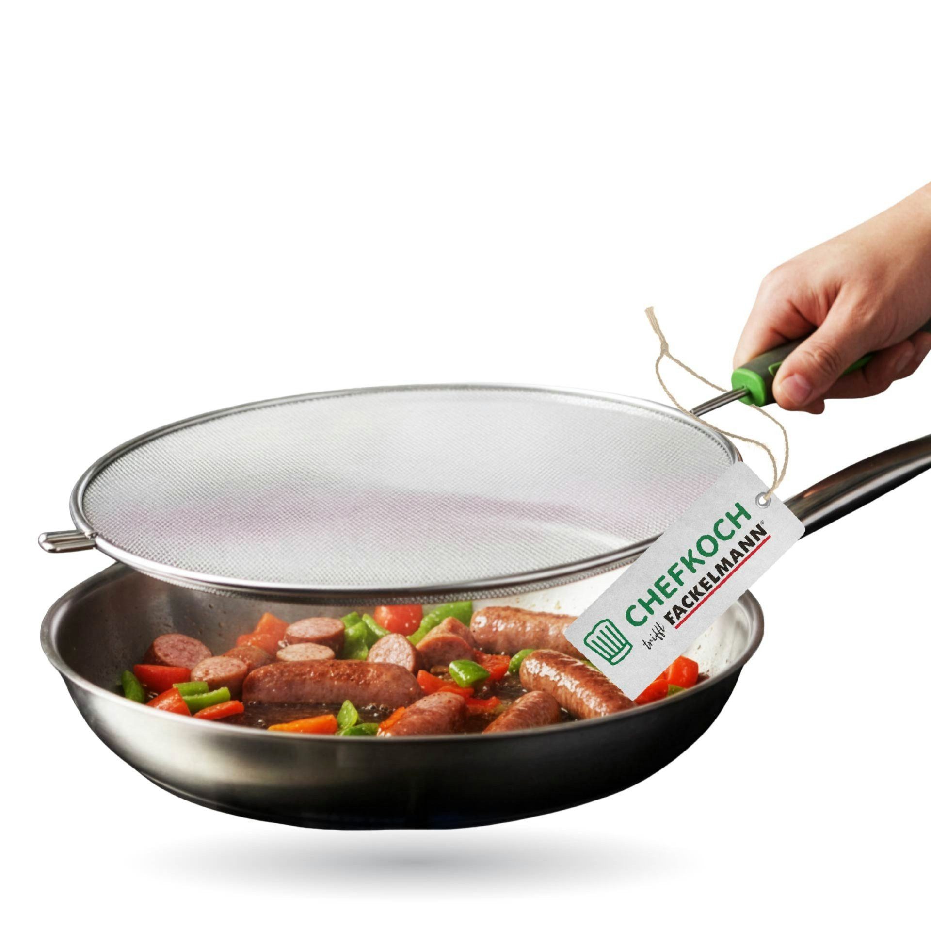 Chefkoch trifft Fackelmann Spritzschutz Spritzschutz aus Edelstahl Ø290x445mm – mit Soft-Touch-Griff