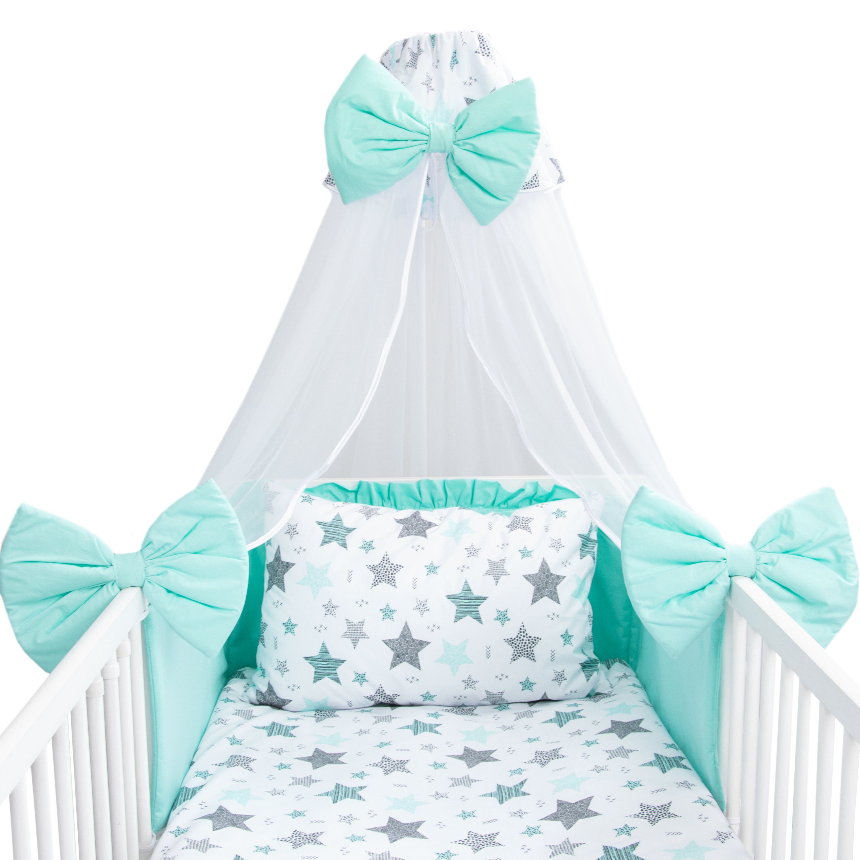 Amilian Babybettwäsche Set 7-teilig - Bettwäsche 100x135 - Kissenbezug 40x60 - mit Himmel, Chiffonhimmel, 7 teilig, Komplett-Set für Babybett, Gitterbett - Kinderbettwäsche