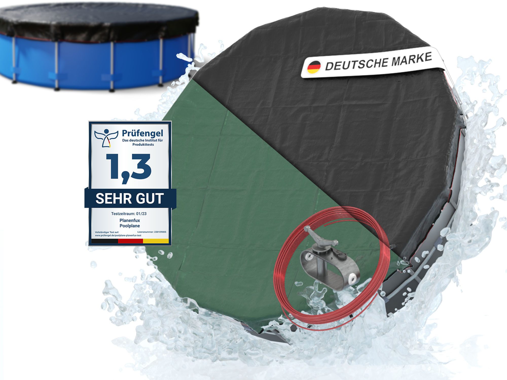 Planenfux® Pool-Abdeckplane Winterabdeckung rund UV-beständig PE (Poolplane mit Stahlseil, inkl. Seilspanner), beidseitig 200 g/m² wetterfest