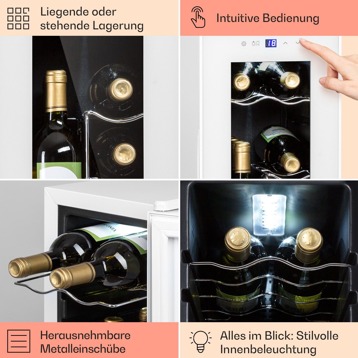 Klarstein Weinkühlschrank Shiraz Slim Uno, Flaschenkühlschrank Standardflaschen Weintemperierschrank Weinschrank 0,75l,Wein Kühlschrank 12 á 12 für