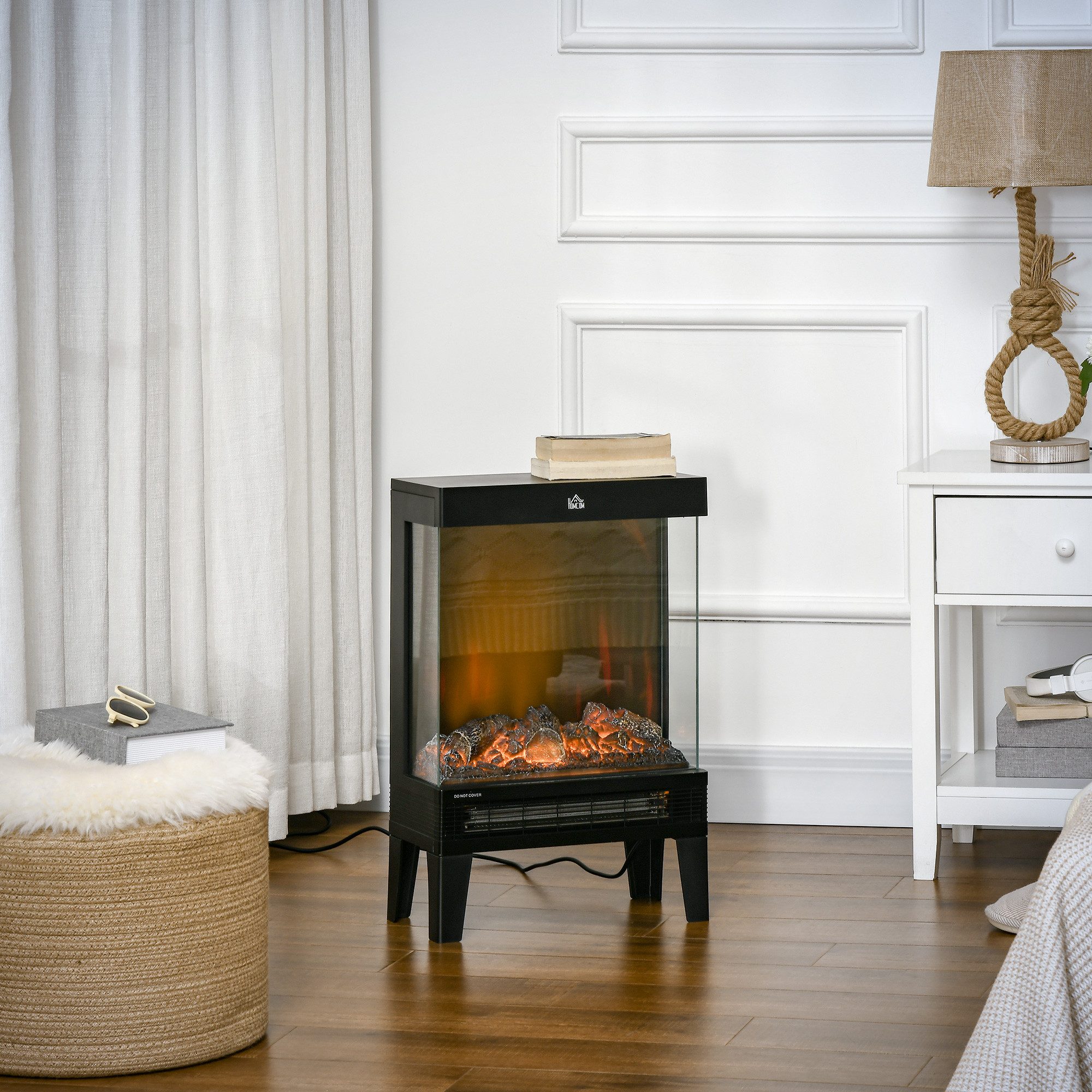 HOMCOM Elektrokamin 2000 W Standkamin mit Heizung, LED 3D-Flammeneffekt, mit 4 Helligkeitsstufen, Thermostat, Überhitzungsschutz, Schwarz
