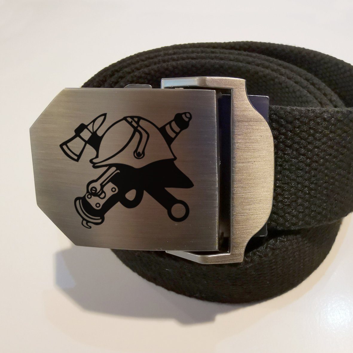 Lasernauten Stoffgürtel Workwear Koppelgürtel Gürtel Feuerwehr Helm Gravur Edelstahl Schnalle Feuerwehr Helm graviert in Edelstahl Koppelschloß vom Workwear Gürtel