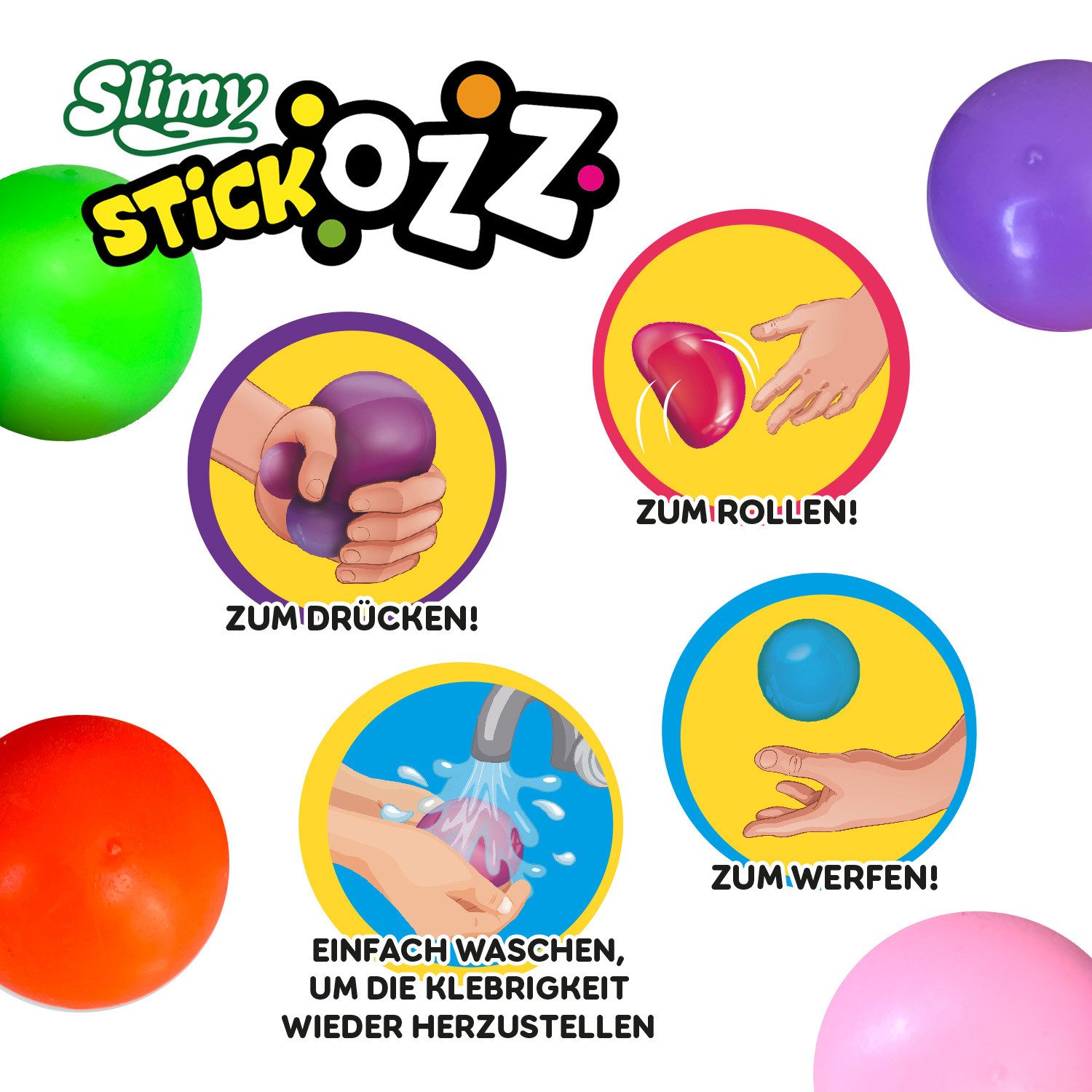 Tatoy® Spiel Slimy StickOzz 4er Pack, 2 x Neon und 2 x GID Klebebälle zum überall Hinwerfen