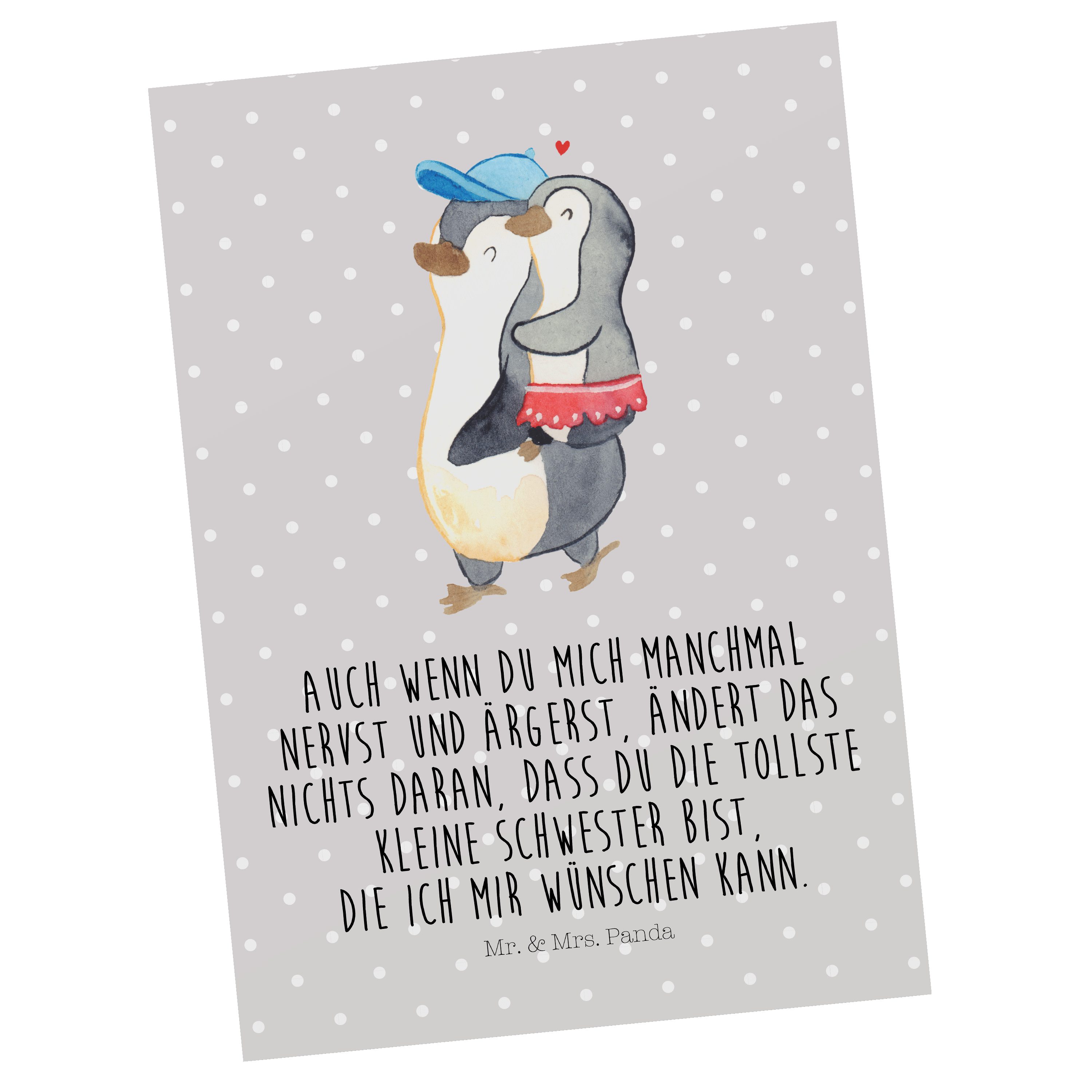 Mr. & Mrs. Panda Postkarte Pinguin Kleine Schwester - Grau Pastell - Geschenk, Sister, Dankeskar
