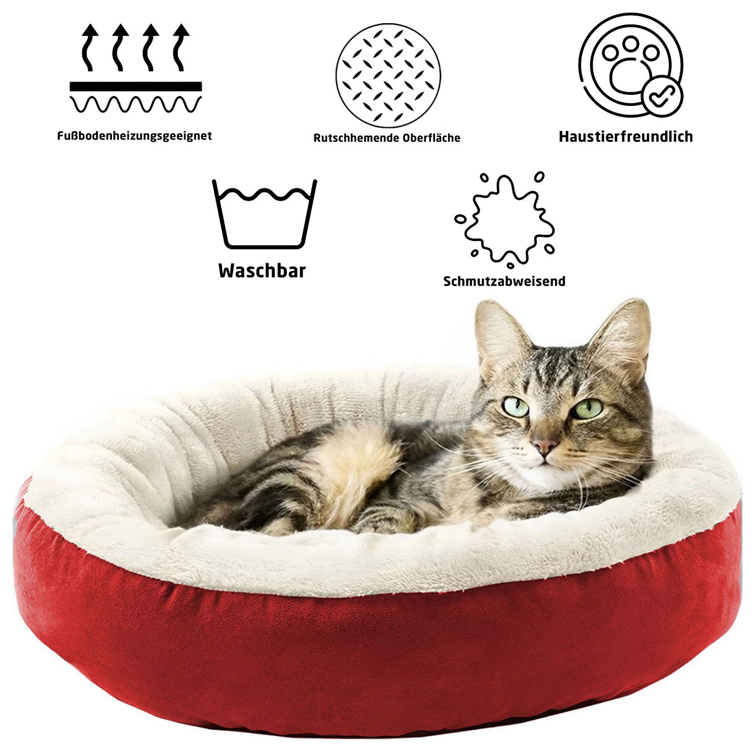 Jungengel Katzenliege Katzenkissen Katzenbett 55cm in Grau & Rot Extra Soft Tierkissen, Indoorgeeignet, Fußbodenheizungsgeeignet, Allergikerfreundlich
