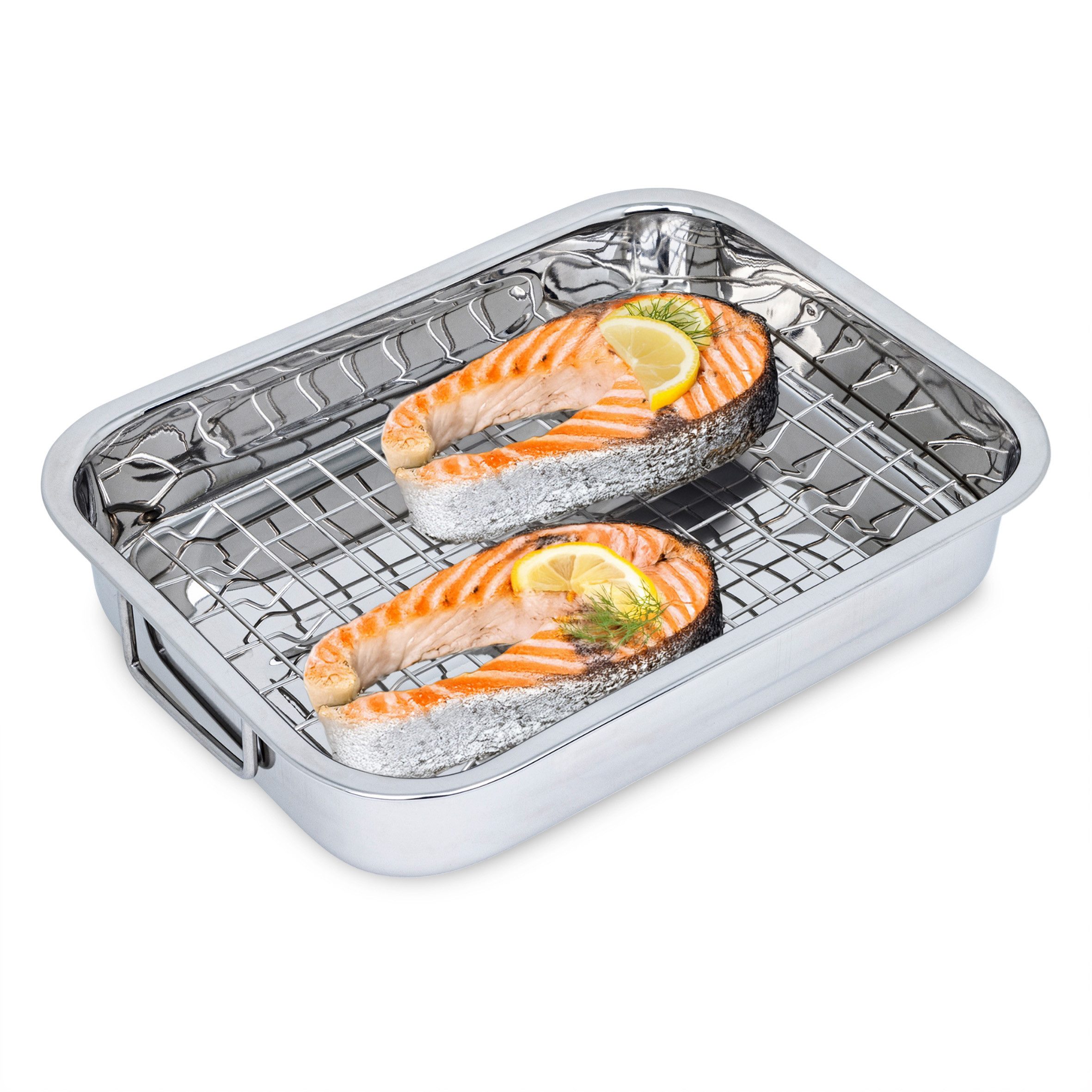 Spetebo Auflaufform Edelstahl Bräter mit entnehmbaren Grillrost - 32 x 24 cm, rostfreier Edelstahl, (1-St), mit abklappbaren Tragegriffen