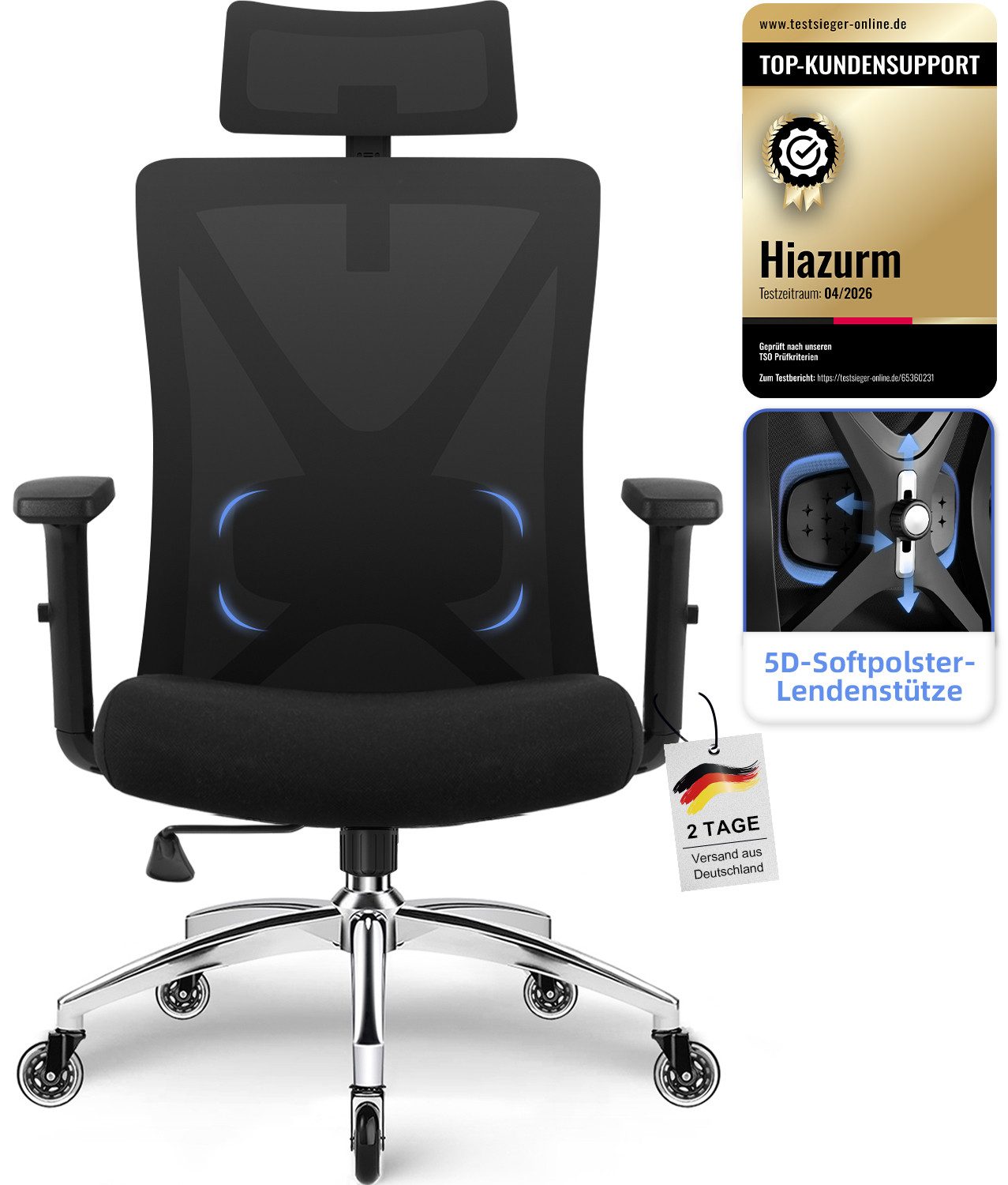 Hiazurm Bürostuhl Bürostuhl, Chefsessel, Ergonomischer Schreibtischstuhl, Computerstuhl (Verstellbare 5D gepolsterte Lendenwirbelstütze, Wippfunktion bis 135°,geräuscharmen Rollen, höhenverstellbar), Atmungsaktiver Netzbezug,Bis 200 kg