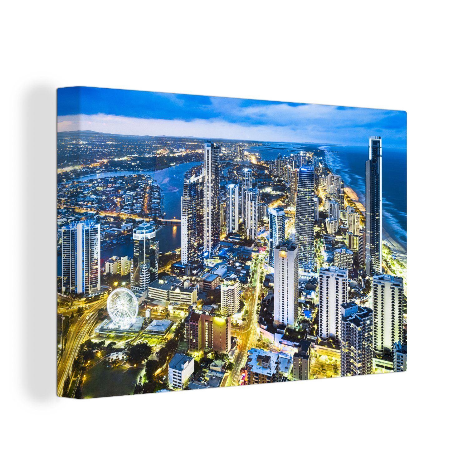 OneMillionCanvasses® Leinwandbild Die Goldküste in der Abenddämmerung in Queensland, Australien, (1 St), Wandbild Leinwandbilder, Aufhängefertig, Wanddeko, 30x20 cm