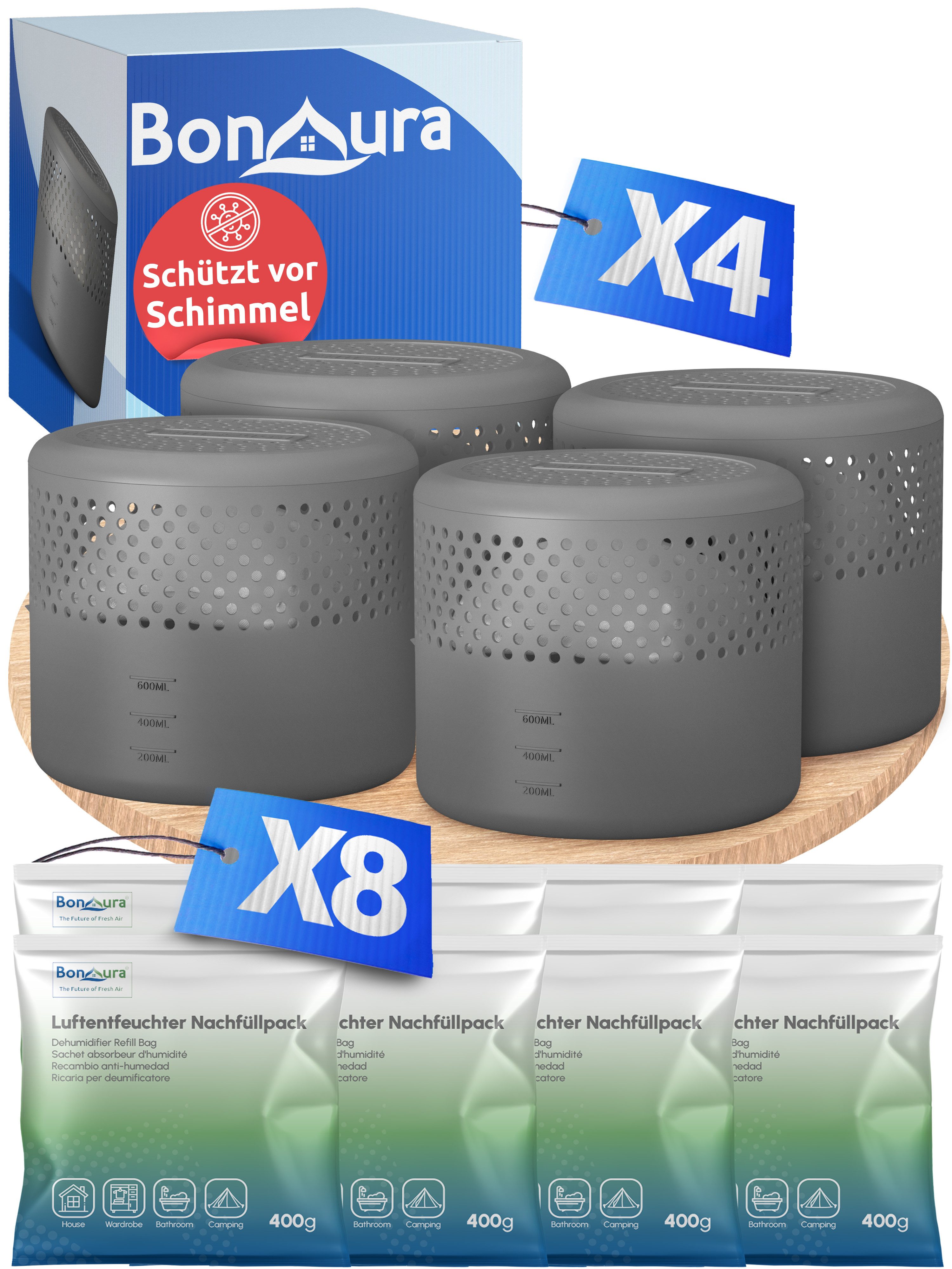 BonAura Luftentfeuchter ohne Strom, für 88 m³ Räume, Tank 0,6 l, 4x Entfeuchter und 8x Luftentfeuchter Nachfüllpack