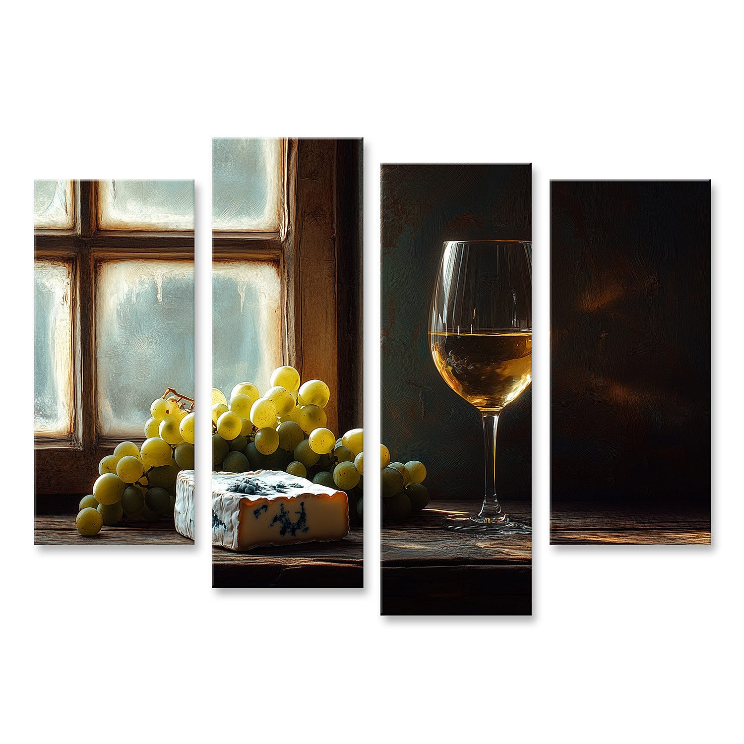 Leinwandbild Weinglas und Käse am Fensterlicht