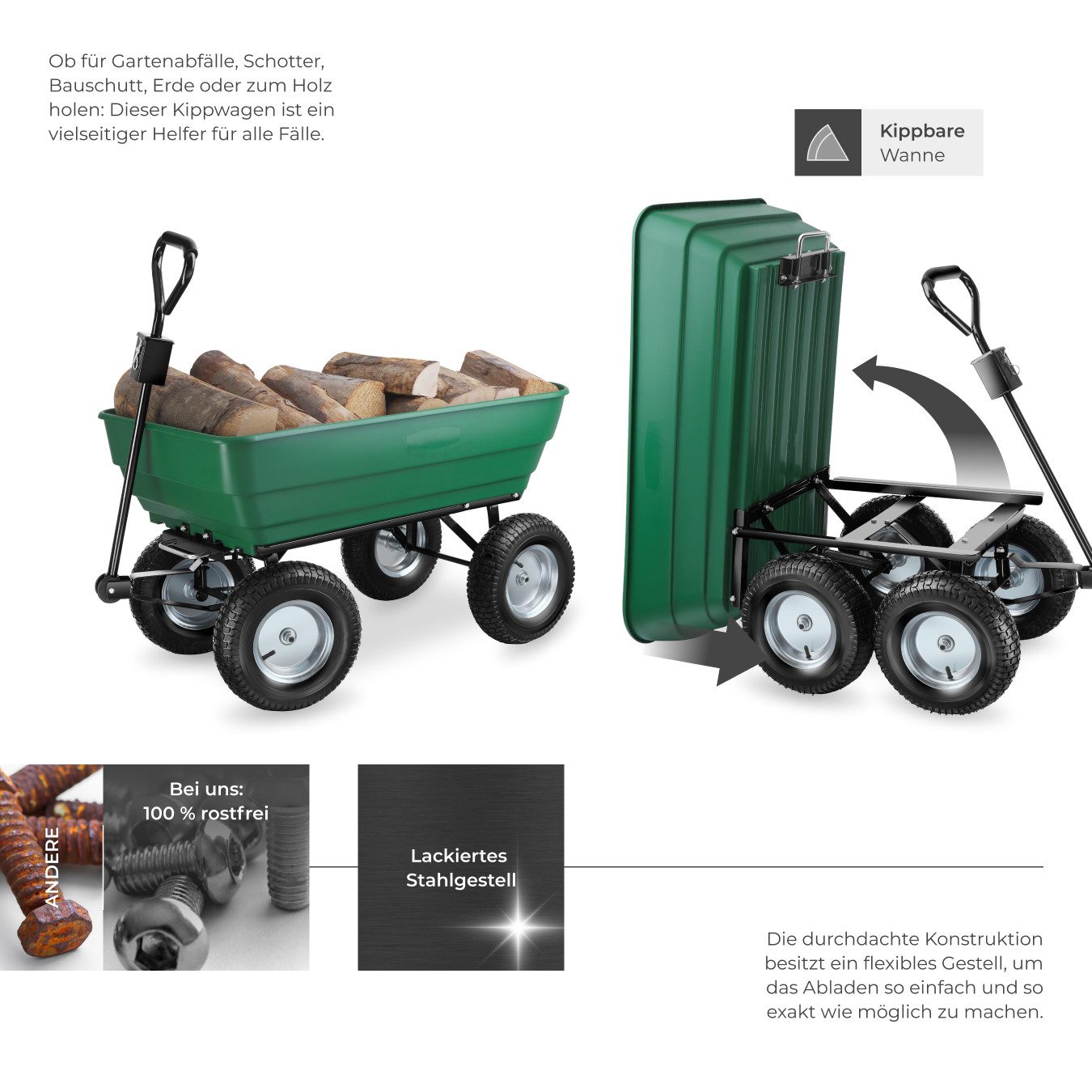 tectake Bollerwagen Handwagen Tummi mit luftgefüllten Reifen Belastbarkeit 300kg (1 Transportwagen, 1-tlg., 125L Volumen in Grün), mit Kippfunktion, leichtgängige Lenkachse, gepolsterter Griff