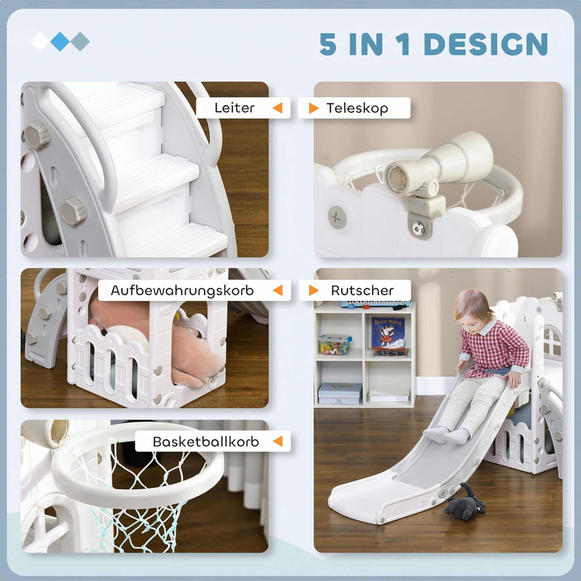 AIYAPLAY Rutsche Kinder 7-in-1 Klettergerüst mit Basketballkorb, (Gartenrutsche, 1-tlg., Babyrutsche), für Kinder 1-3 Jahre, Grau – Bild 4 von 5