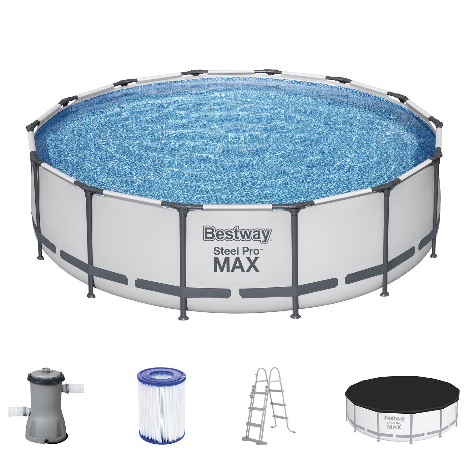 Bestway Framepool 56950 Frame Pool Steel Pro MAX Lichtgrau, rund (Kompett Set, 5-tlg., Pool, Pumpe, Filter, Leiter, Plane), Ø 427 x 107 cm rund lichtgrau