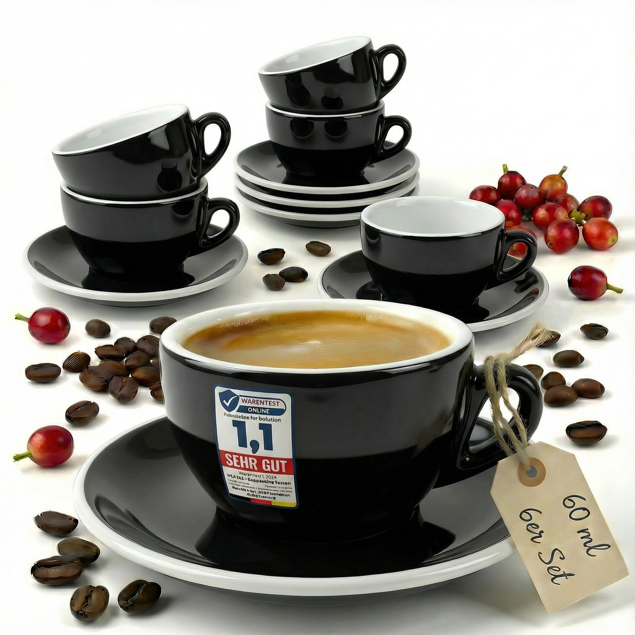 MUVELL Espressotasse Espressotassen Set 6 Tassen & Untertassen 0,8 cm dickwandig, 6-tlg., Keramik, 60 ml schwarz mit weißen Rand und Innenfläche